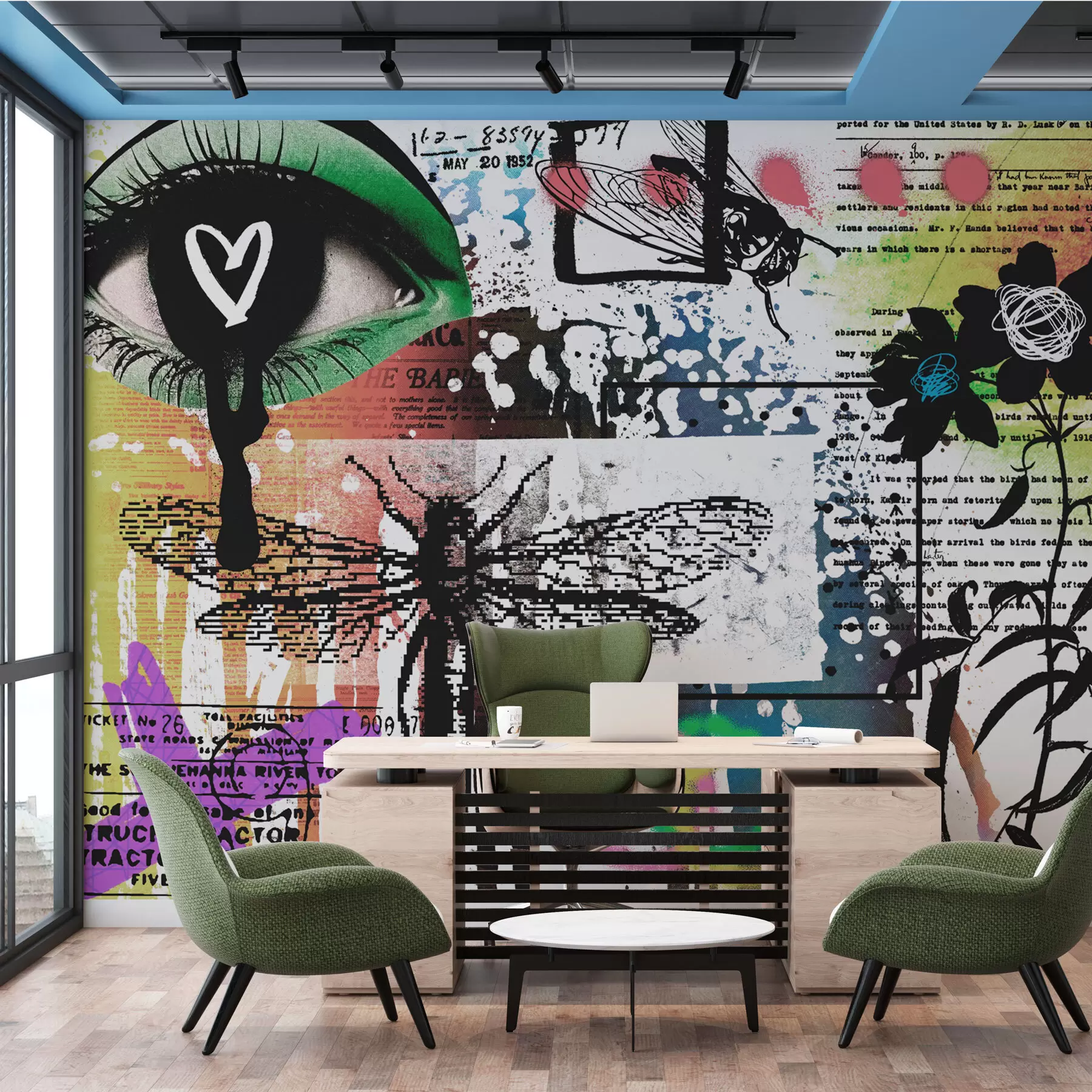 Papier peint Inscriptions de style graffiti, fleurs, figures w02255