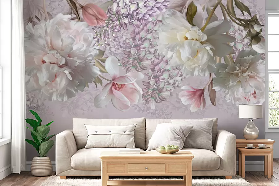 Papier peint Grandes fleurs de pivoines, roses, tulipes w02406