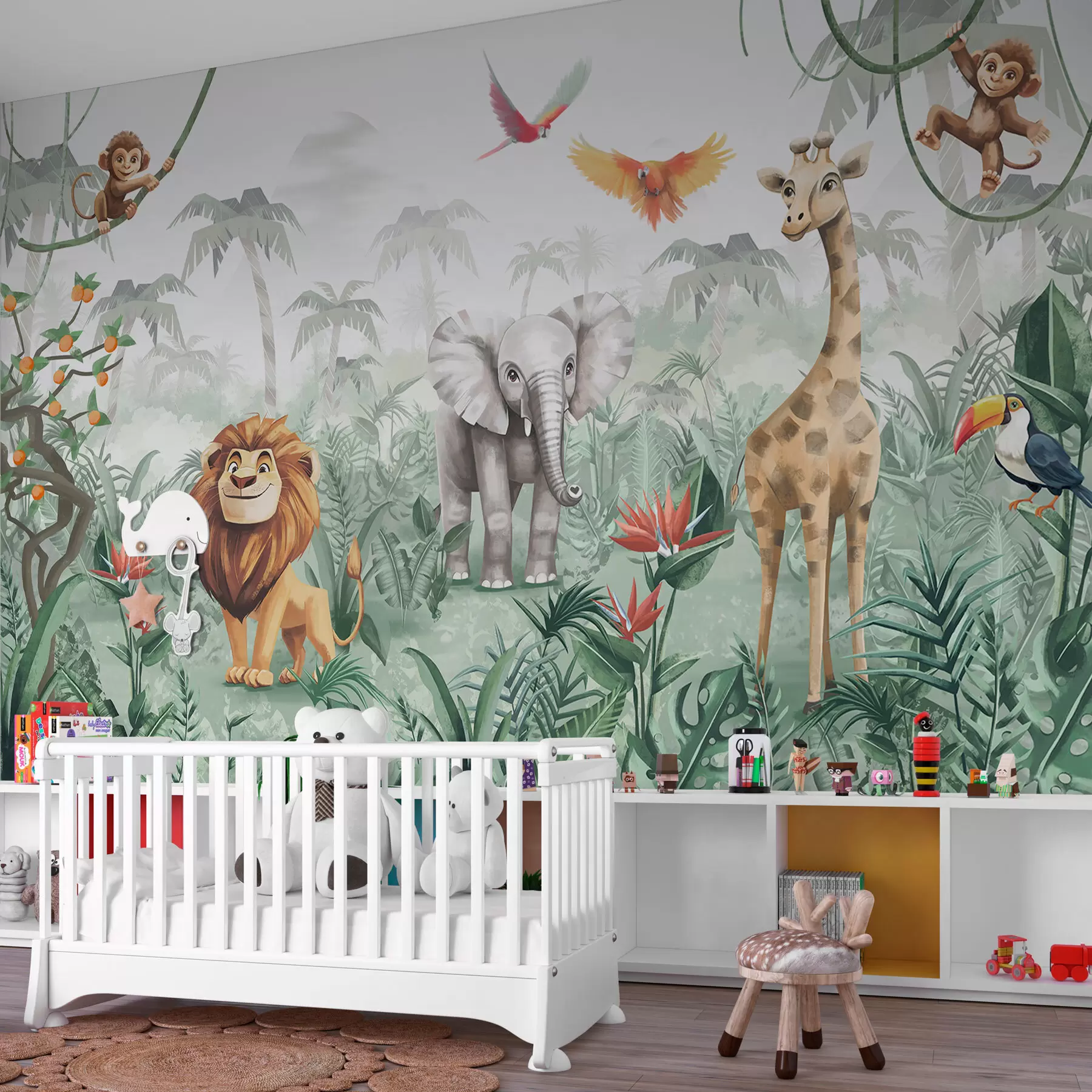 Papier peint Motif de jungle pour enfants avec lion, girafe, éléphant et perroquets w02440