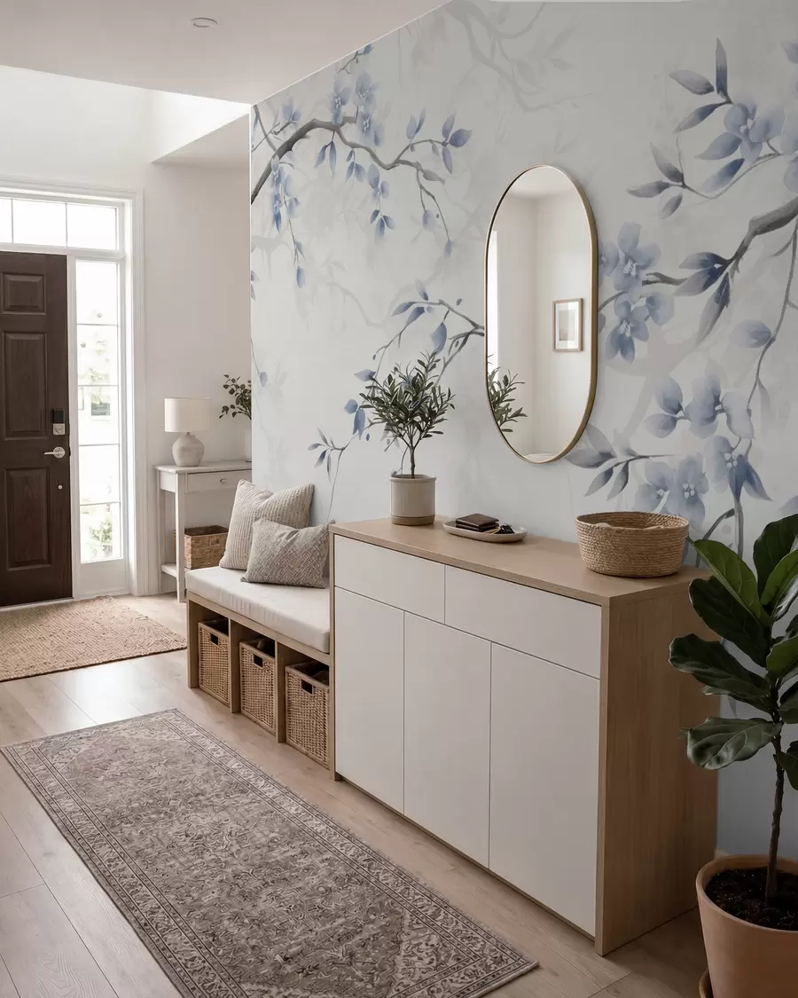 Papier peint Branches tendance avec fleurs et feuilles w02449