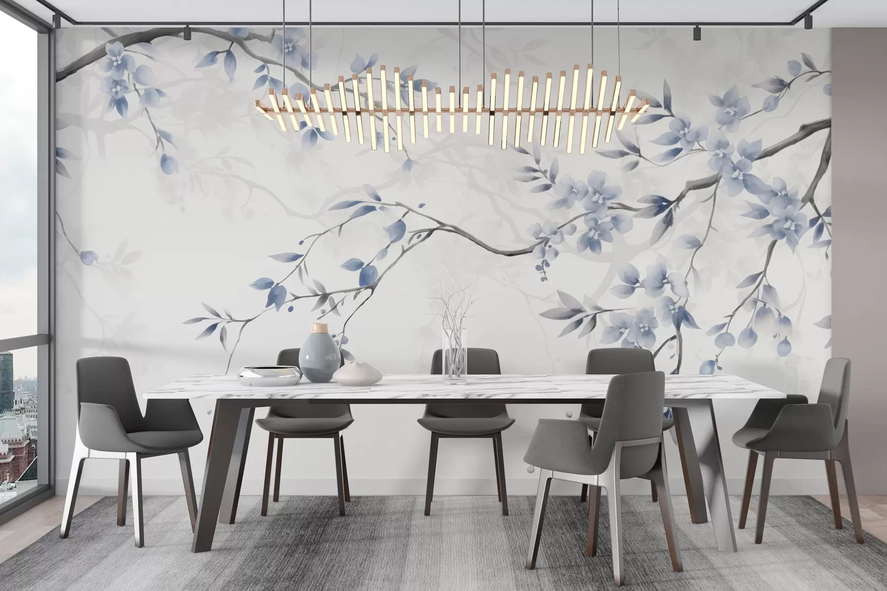Papier peint Branches tendance avec fleurs et feuilles w02449