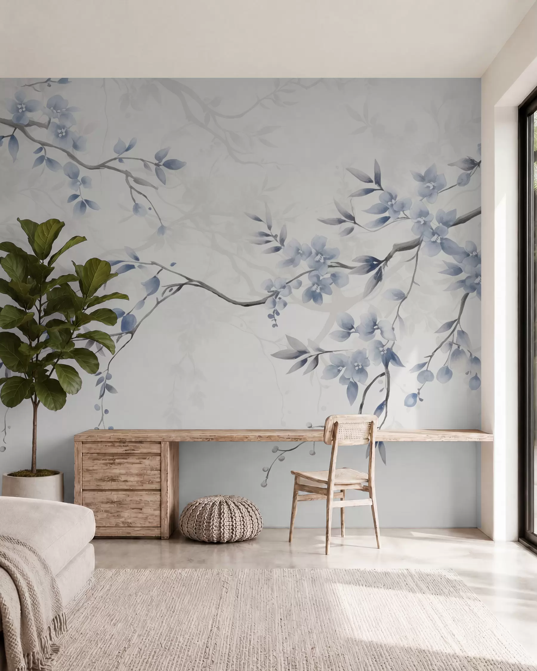 Papier peint Branches tendance avec fleurs et feuilles w02449