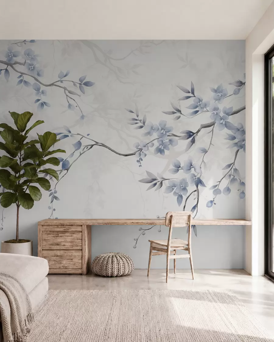 Papier peint Branches tendance avec fleurs et feuilles w02449