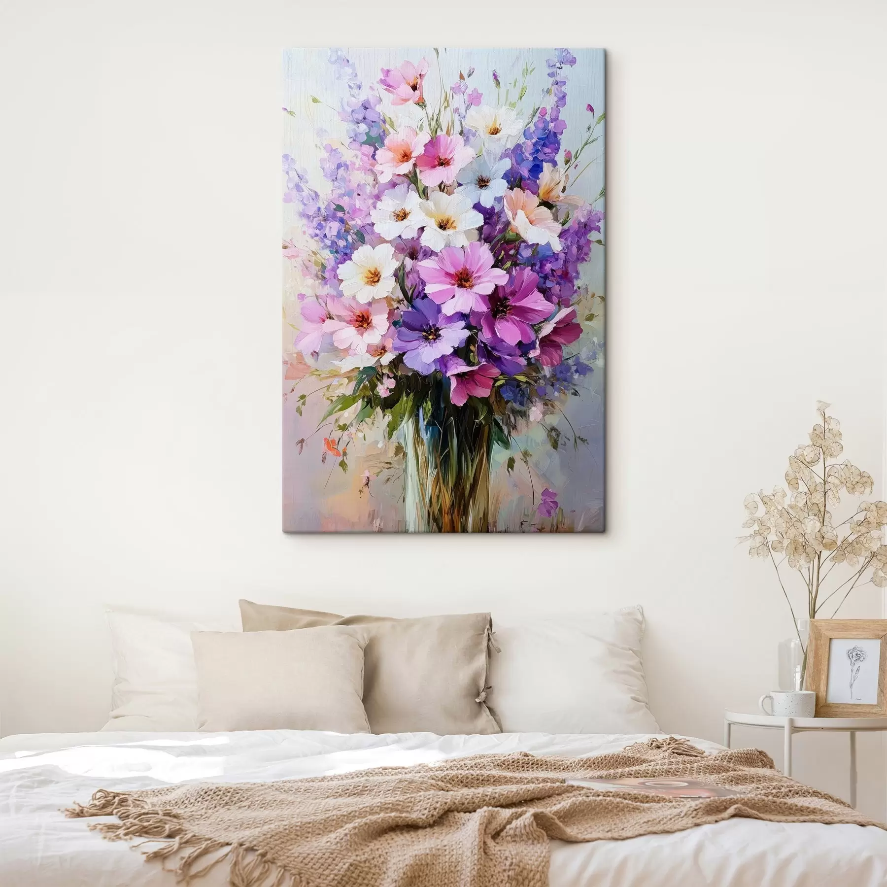 Tableau fleurs violettes et blanches dans un vase s41999