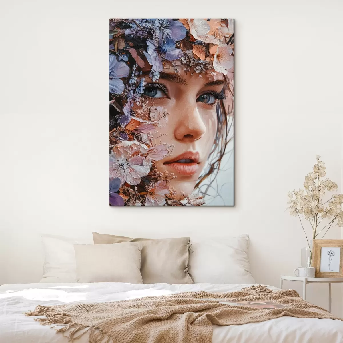Tableau visage de fille avec des fleurs s42001