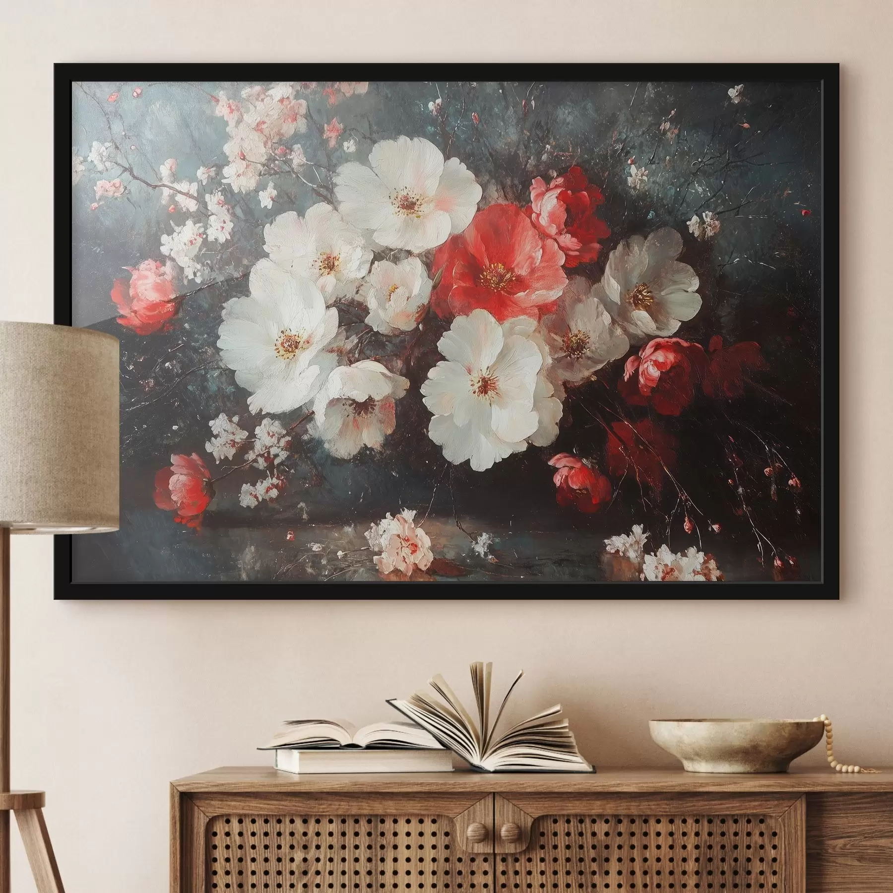 Papier peint fleurs blanches et rouges f42007