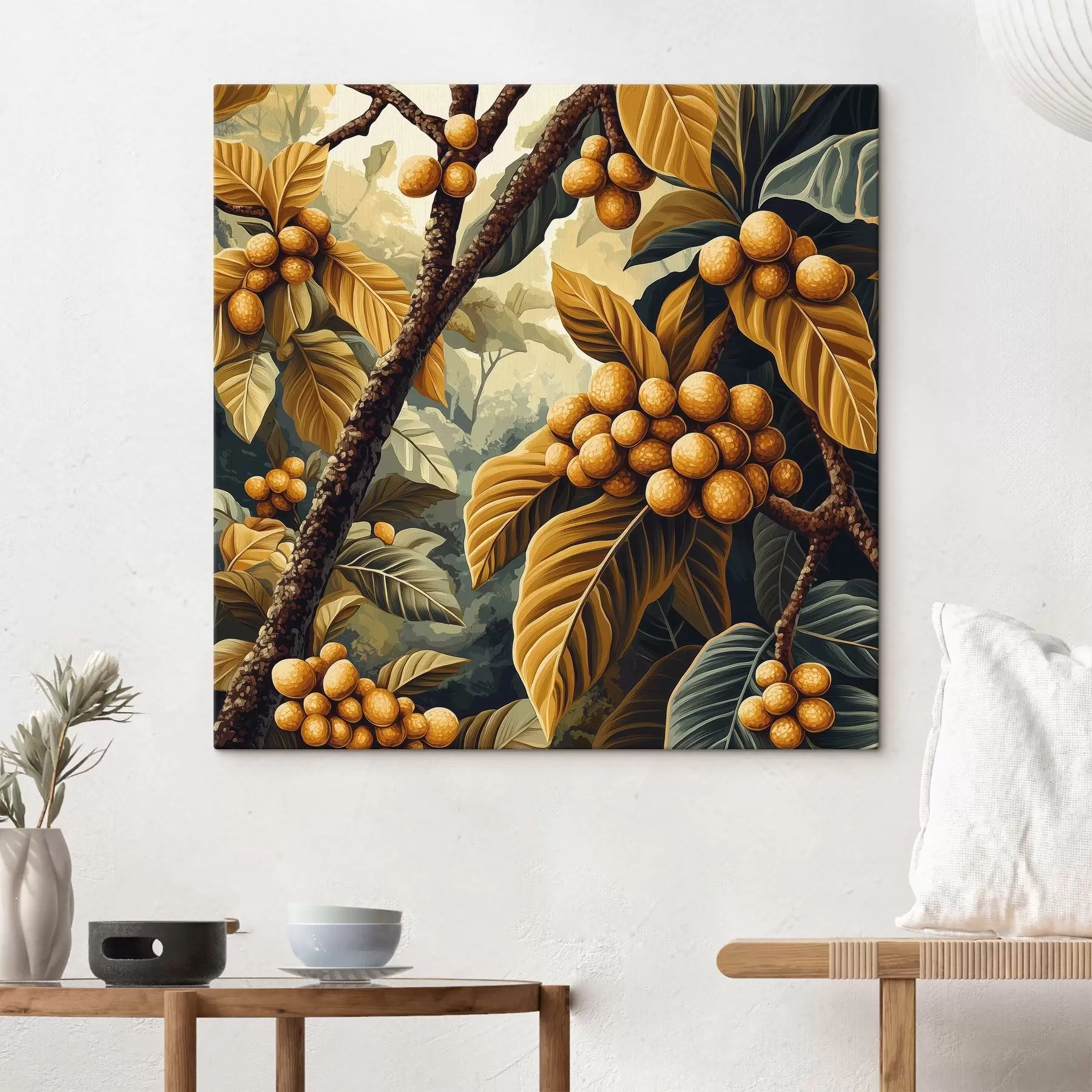 Tableau Un caféier avec des fruits et des feuilles dans les tons jaunes s41981