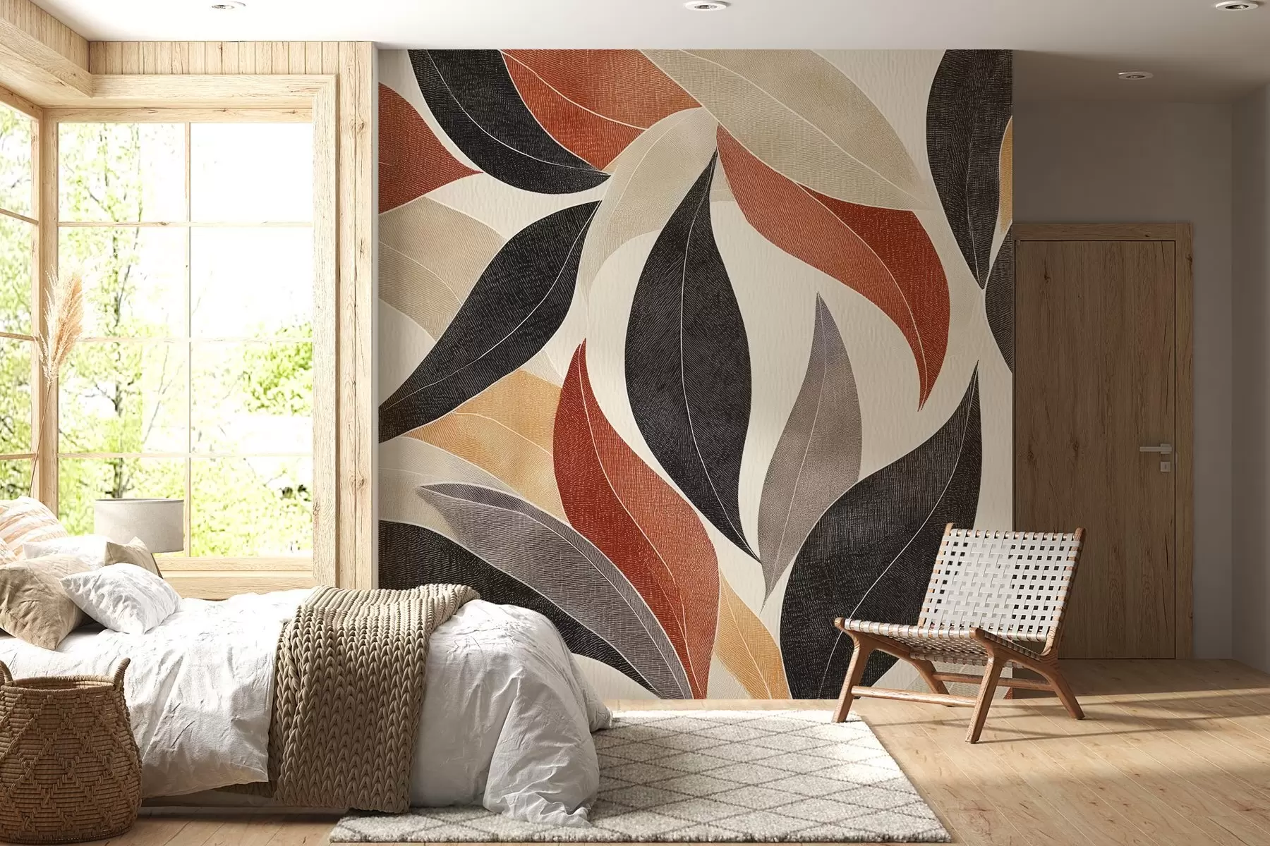Papier peint des feuilles abstraites dans une palette de tons terreux - beige, terracotta et gris foncé. w02452