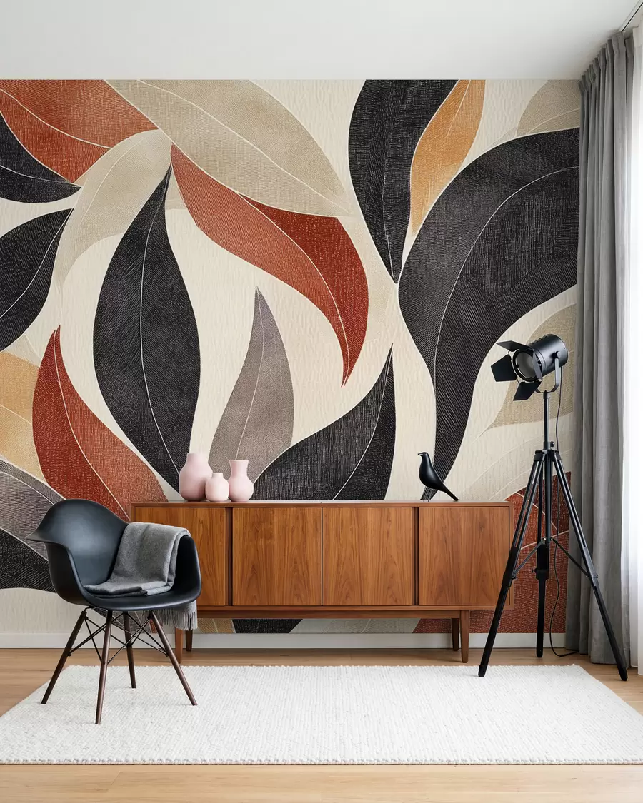 Papier peint des feuilles abstraites dans une palette de tons terreux - beige, terracotta et gris foncé w02452