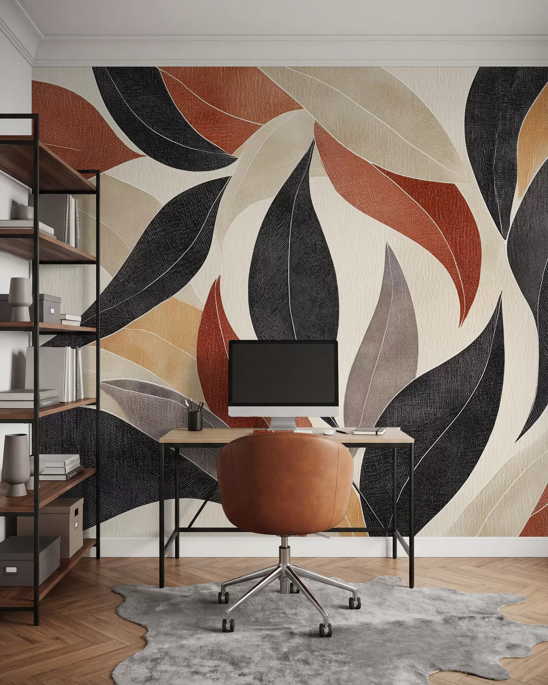 Papier peint des feuilles abstraites dans une palette de tons terreux - beige, terracotta et gris foncé w02452