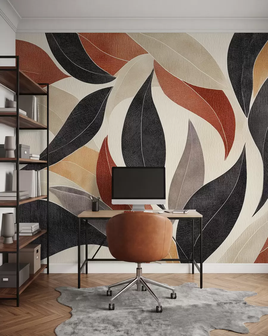 Papier peint des feuilles abstraites dans une palette de tons terreux - beige, terracotta et gris foncé w02452