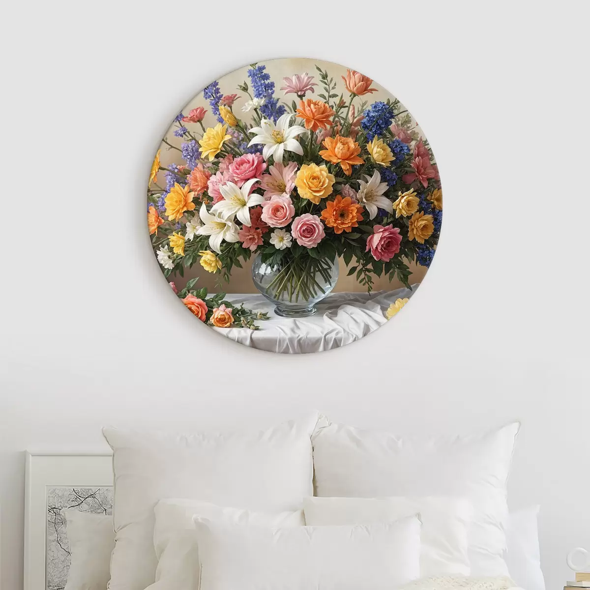 Tableaux rondes Un bouquet vibrant de diverses fleurs colorées dans un vase en verre sur une nappe blanche, peinture d'art vintage r38825