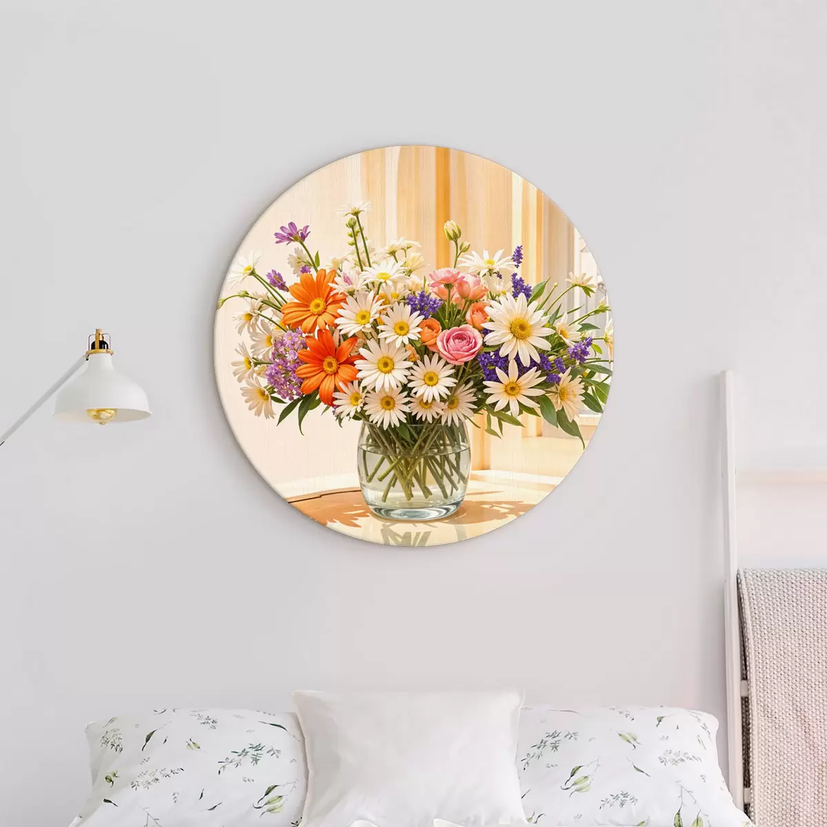 Tableaux rondes Un bouquet de fleurs colorées dans un vase en verre sur une table devant une fenêtre avec un fond chaud et ensoleillé r38978