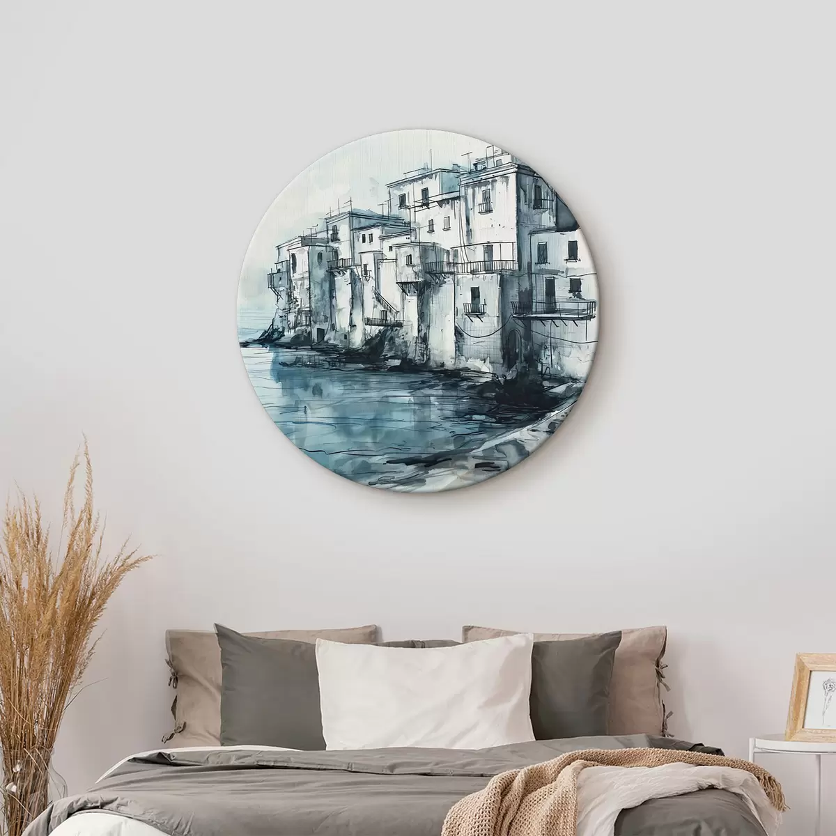 Tableaux rondes Croquis aquarelle de la ville sur l'eau en couleurs bleues r39323