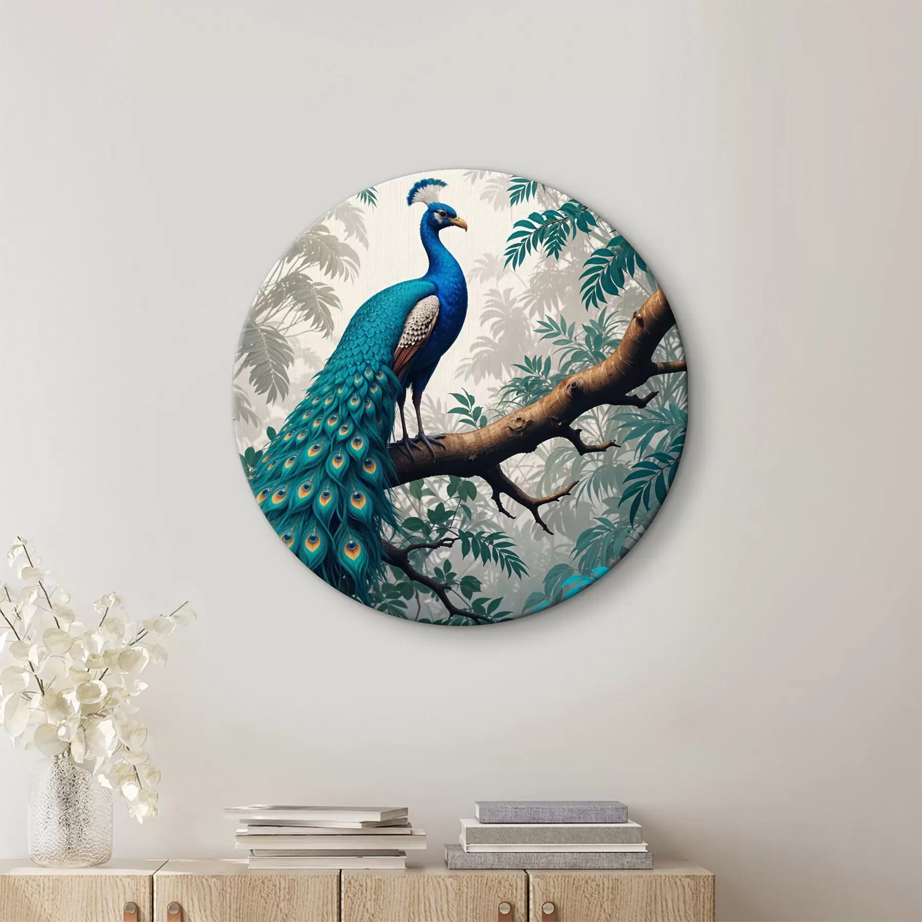 Tableau Un paon bleu vif perché sur une branche d'arbre dans une forêt tropicale luxuriante r39401