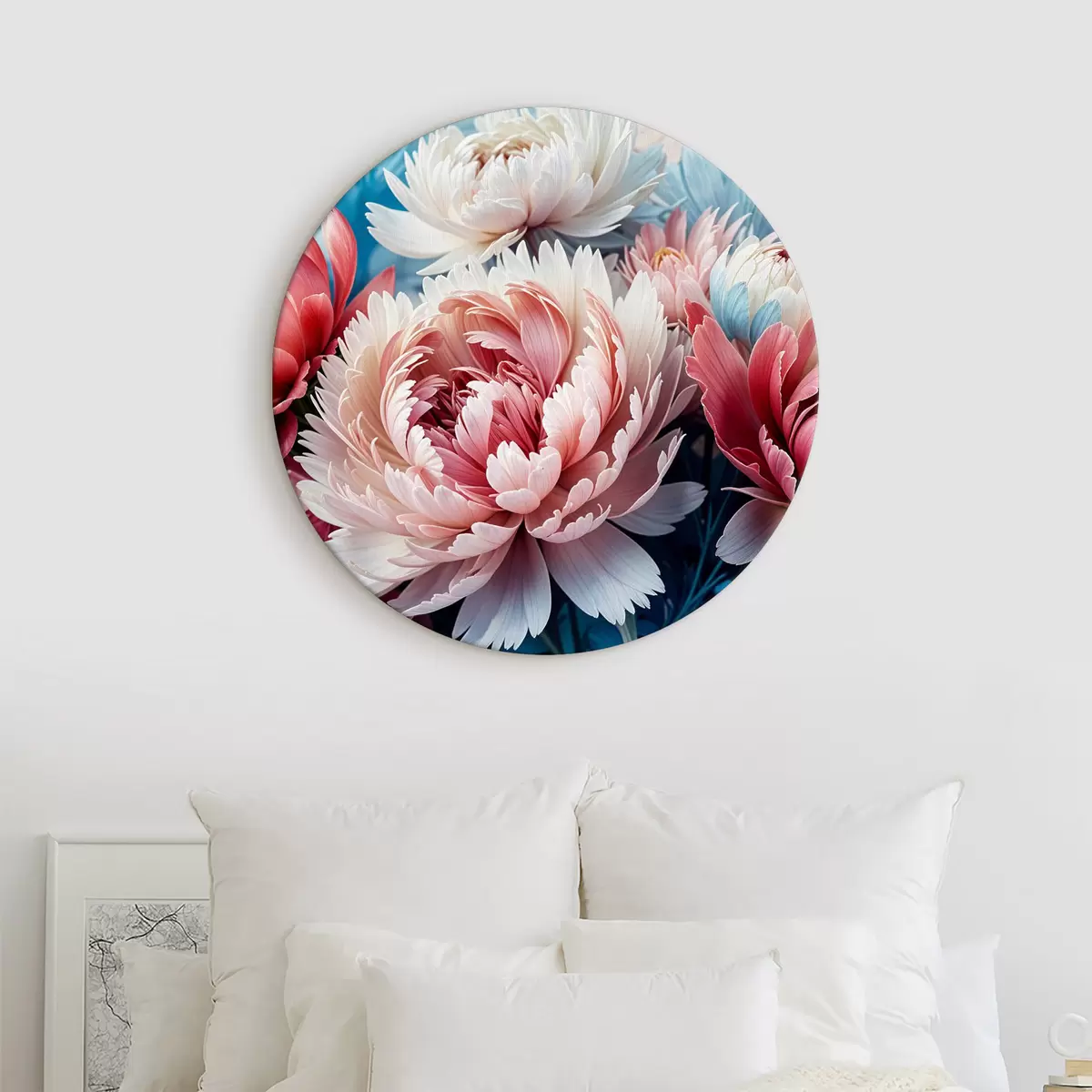 Tableaux rondes Un bouquet de grandes fleurs de pivoines roses et blanches éclatantes sur fond bleu r39519