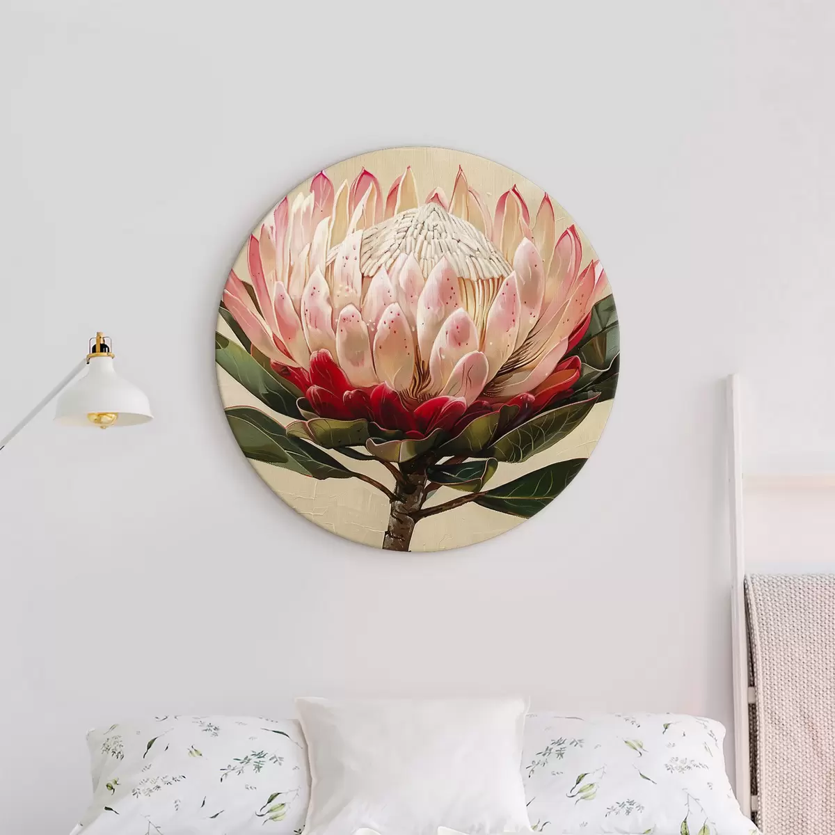 Tableaux rondes Fleur de Protea, dessin acrylique, floral, couleurs naturelles douces r39780