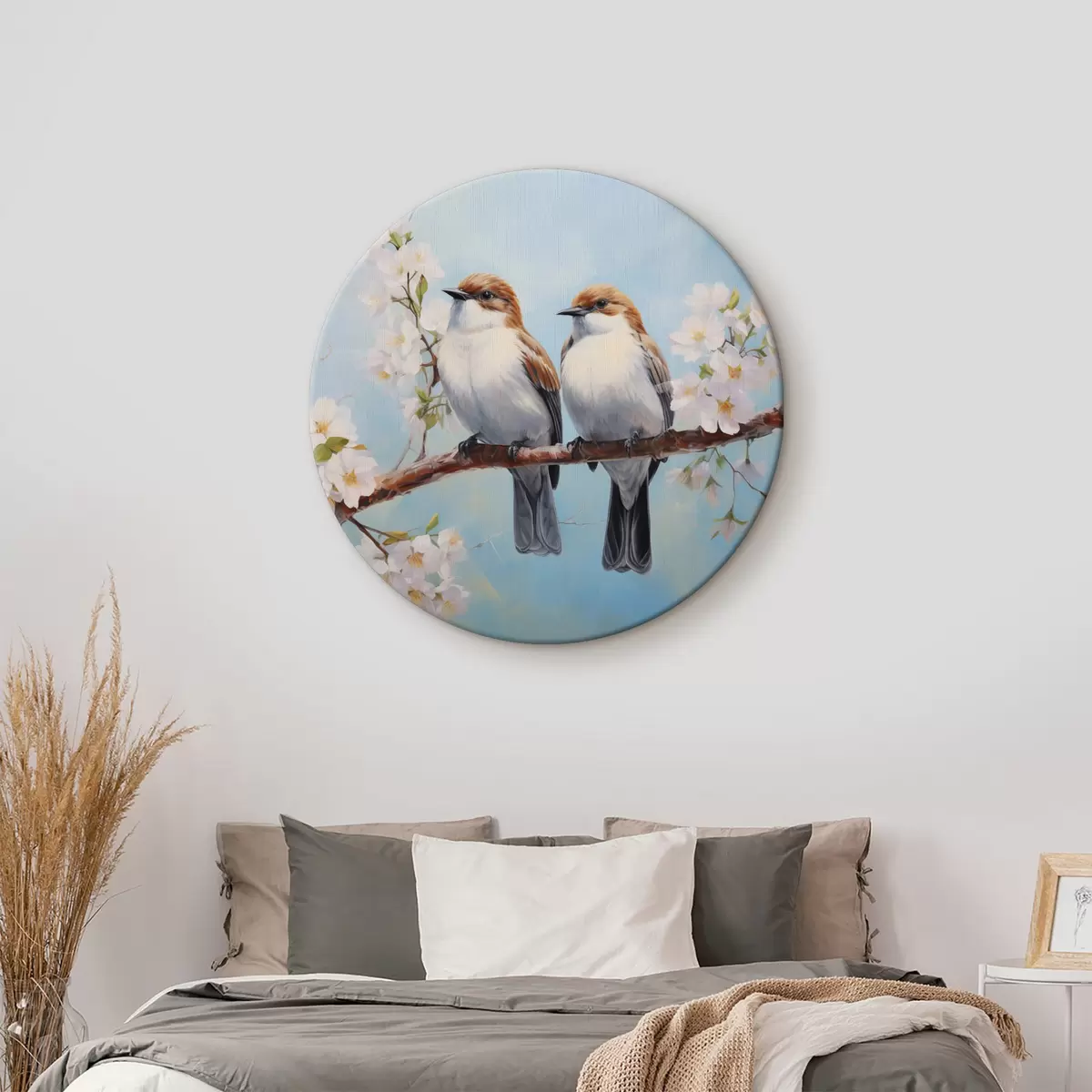 Tableaux rondes Moineaux assis sur une peinture à l'huile de branche fleurie, bleu, blanc, marron r39829