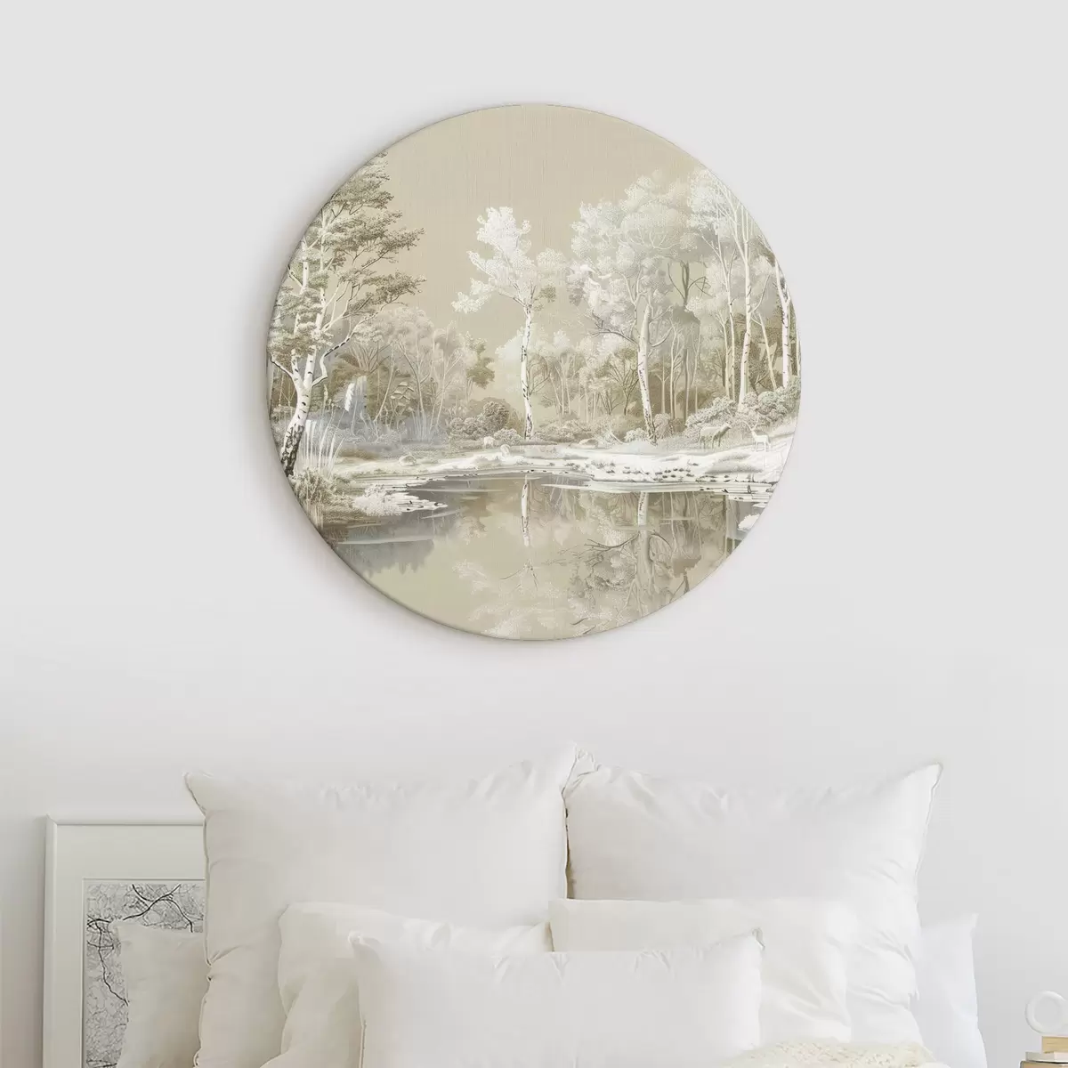 Tableaux rondes Magnifique paysage forestier, étang et arbres, couleurs beige et blanc r39979