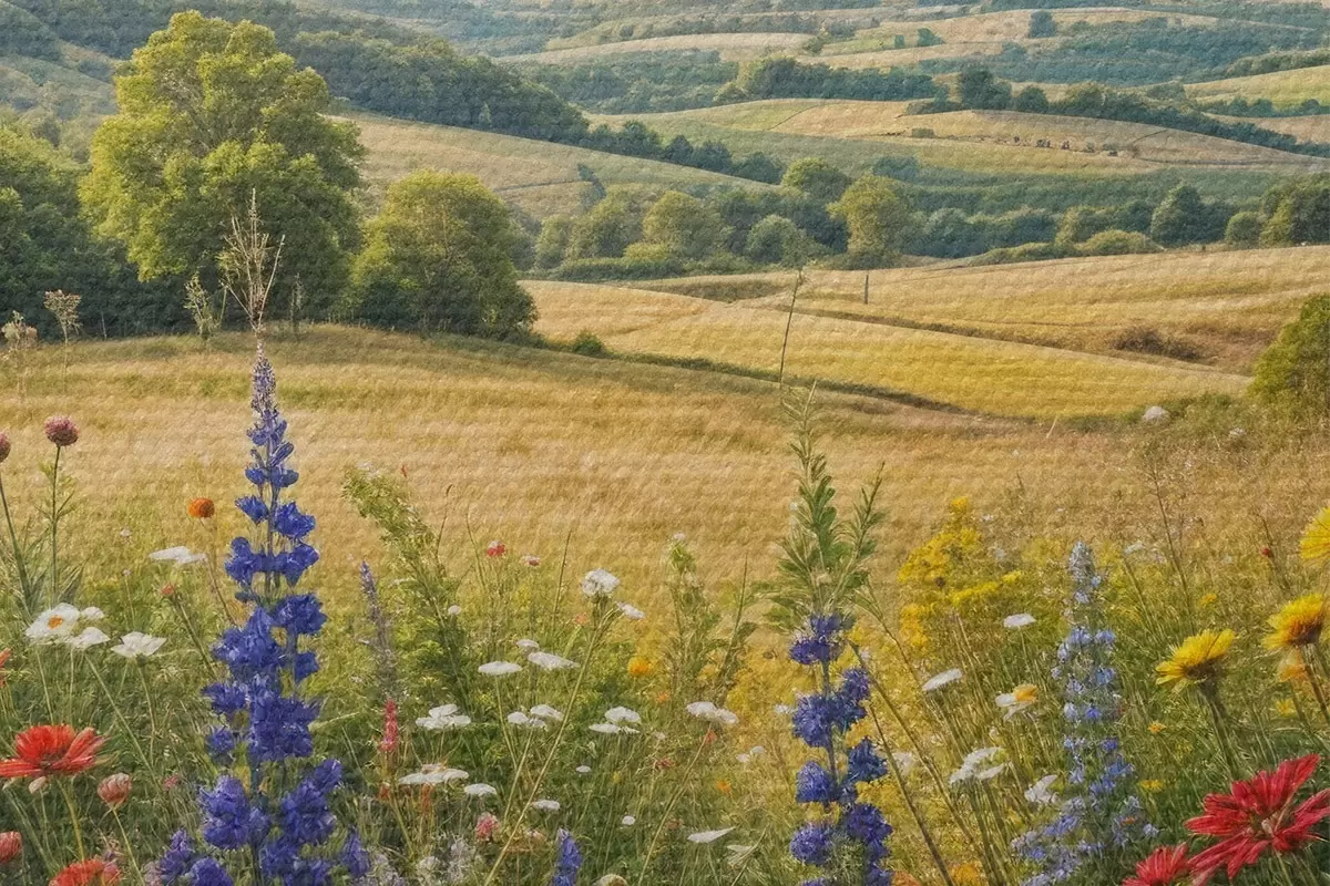 Tableaux rondes Un paysage de campagne luxuriant avec une prairie de fleurs sauvages vibrante remplie de fleurs colorées sous un ciel nuageux r40018