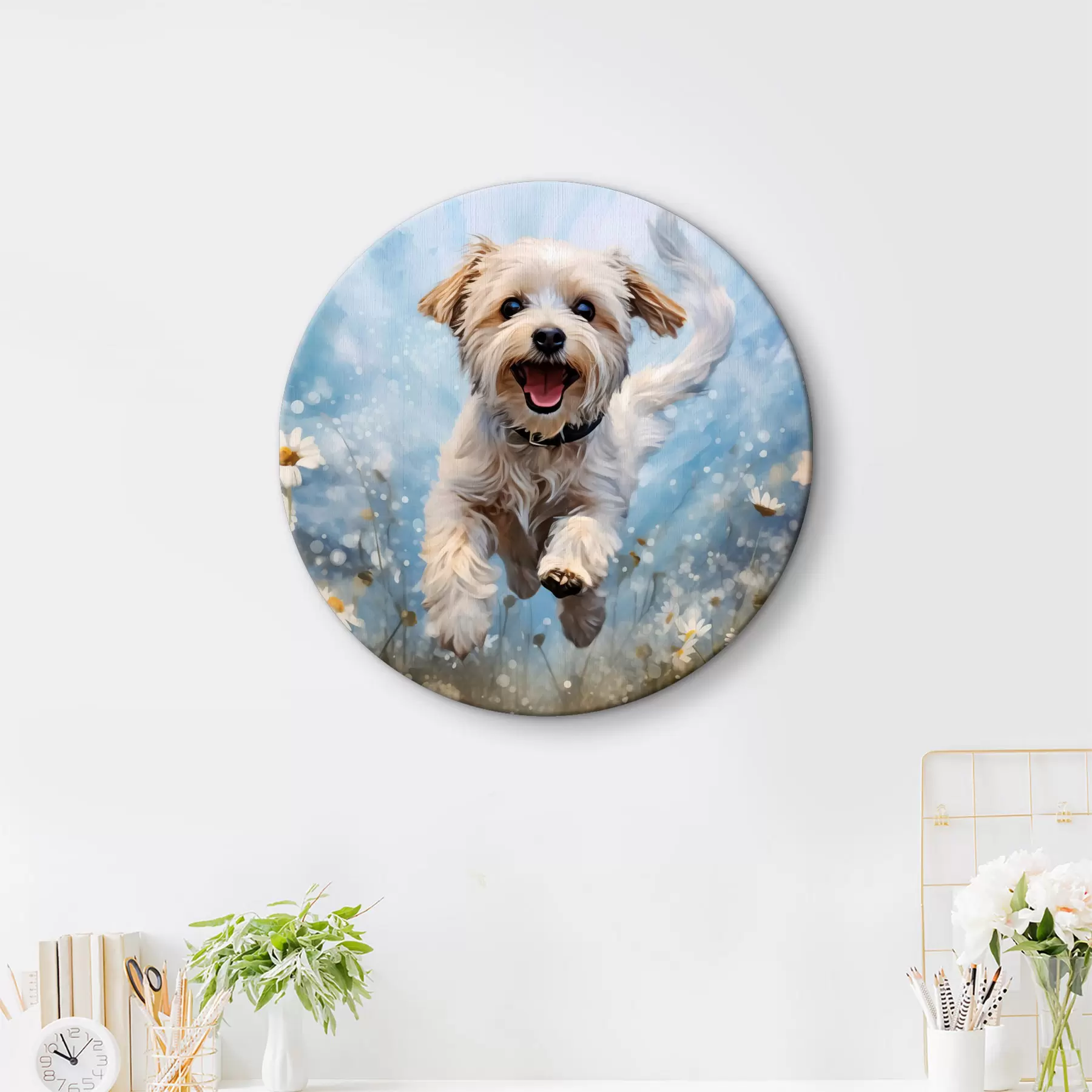 Tableau Petit chien blanc sautant parmi les marguerites sur fond bleu aquarelle r40092