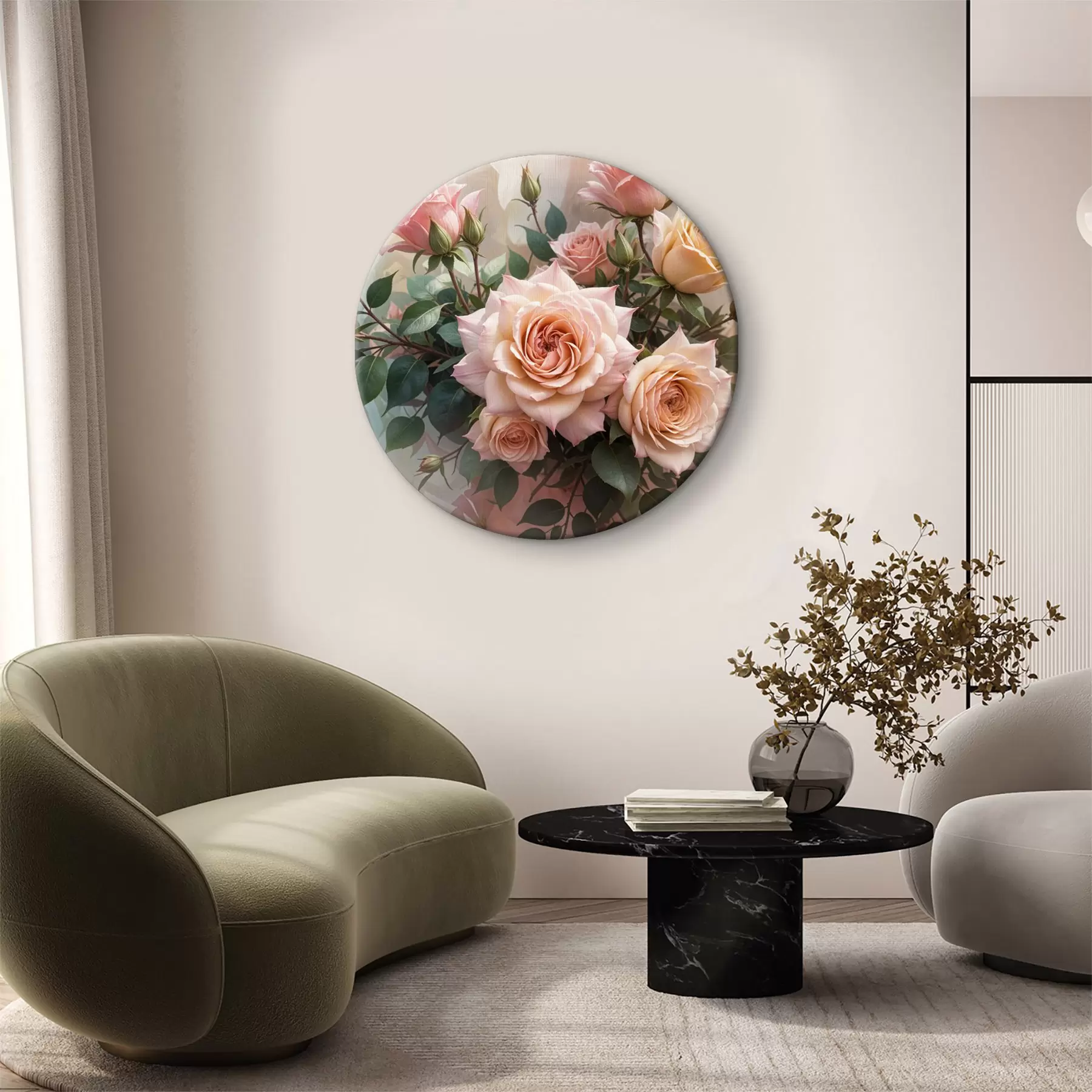 Tableau Un bouquet de belles roses roses avec des feuilles vertes sur un fond doux et flou r40168