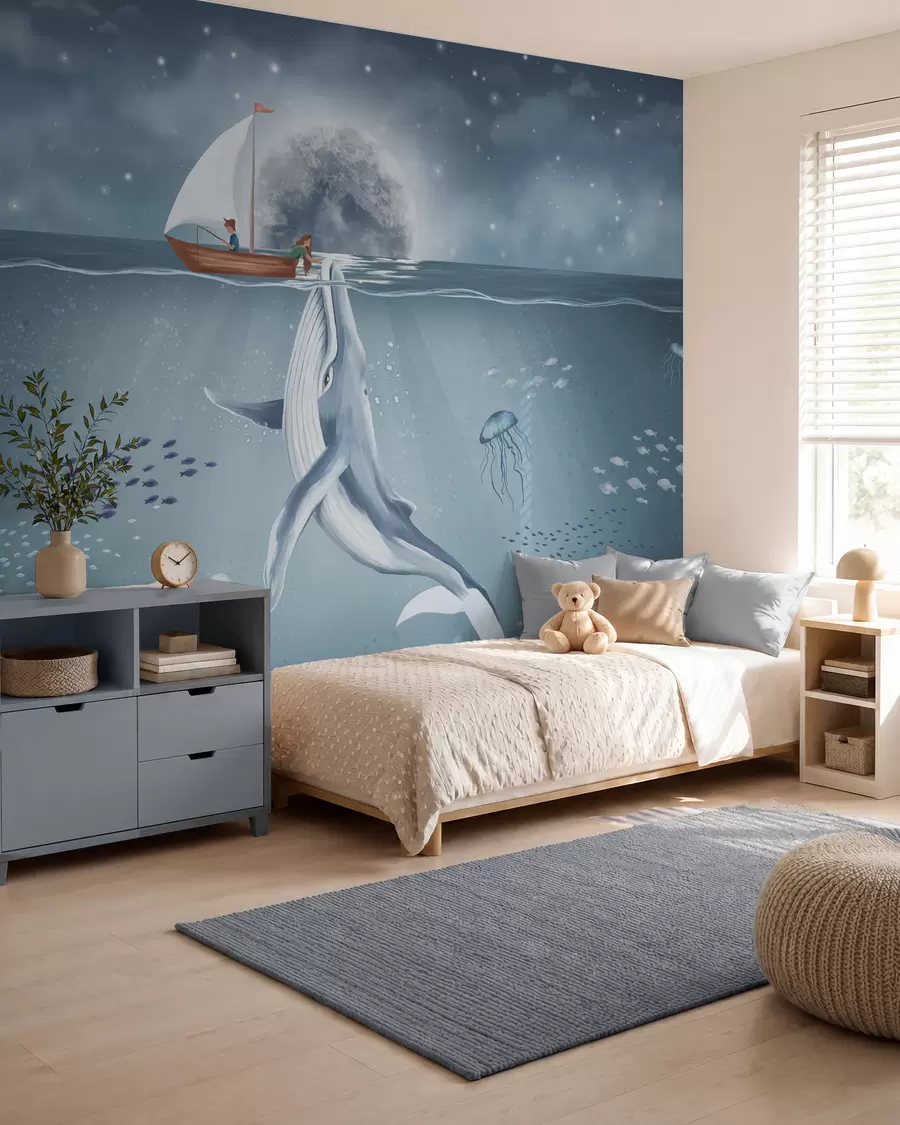 Papier peint Dessin d'enfant avec baleine, lune et bateau avec des enfants w02476