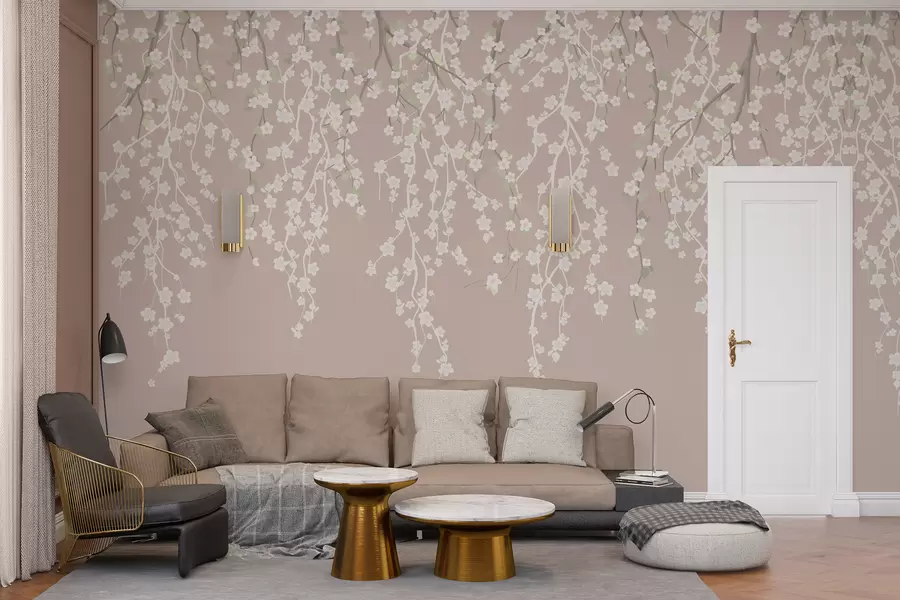 Papier peint Branches délicates et fluides avec des fleurs sur un fond pastel w02479v2