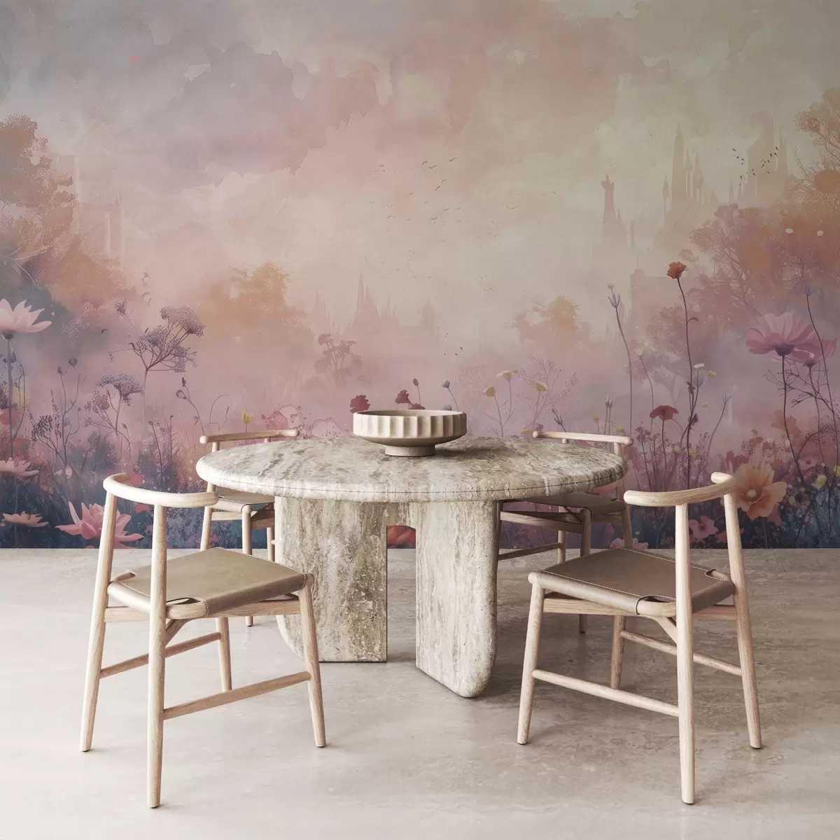 Papier peint Fleurs sauvages sur fond de silhouette de château w08478