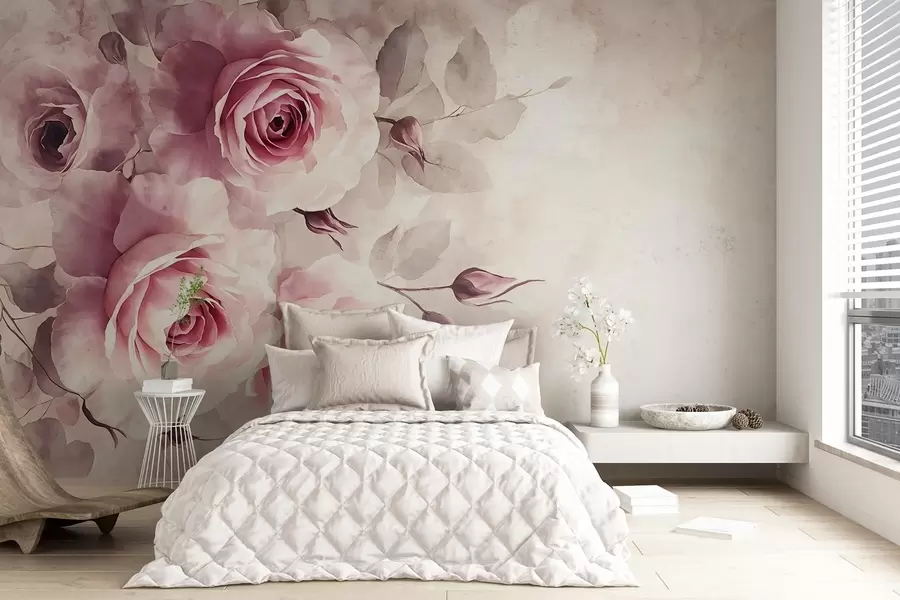 Papier peint Délicates roses et feuilles rose pastel sur fond doux et flou d'imitation d'aquarelle w08459