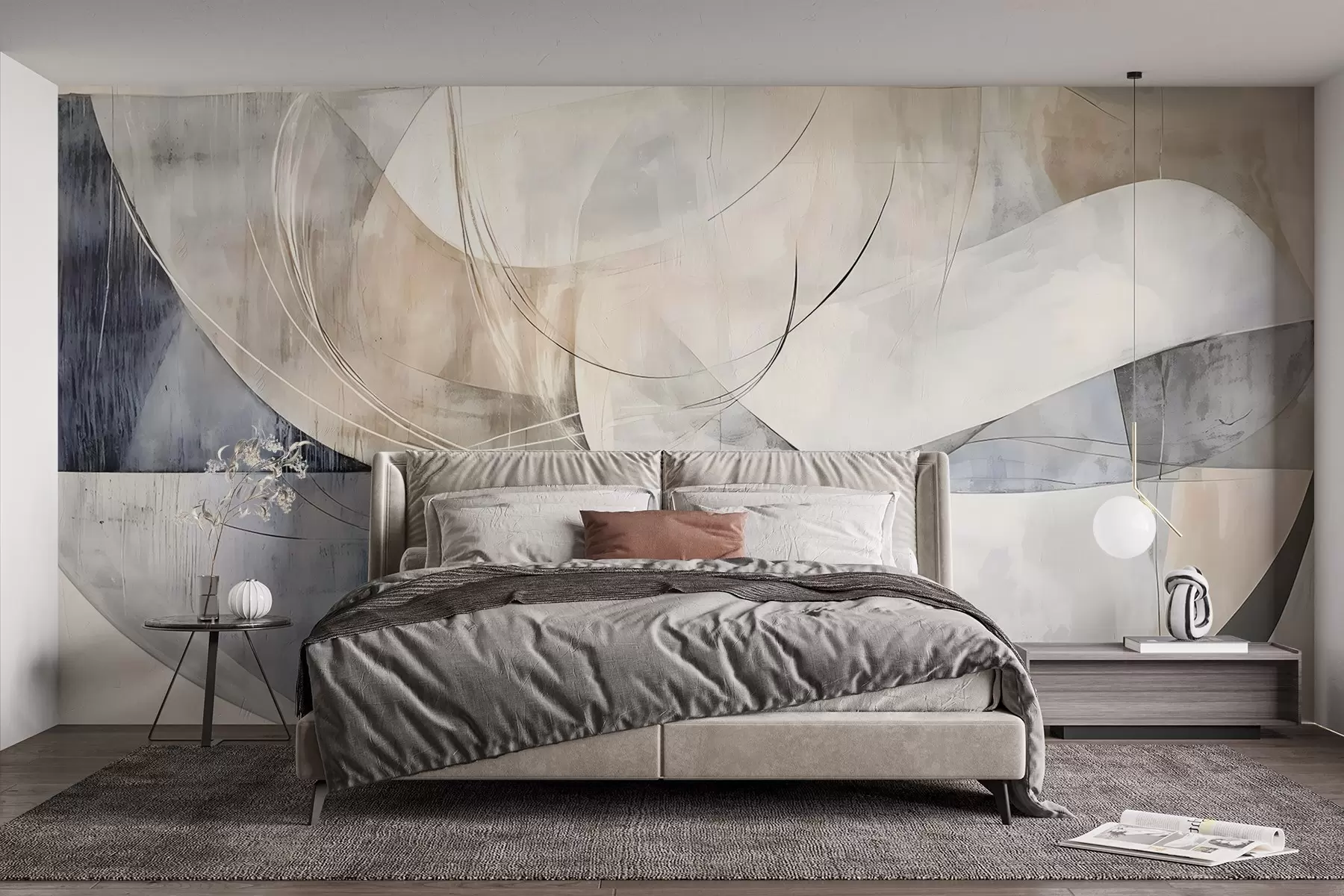Papier peint Formes abstraites dans des tons de blanc, gris, beige et bleu sur un fond texturé flou w08461