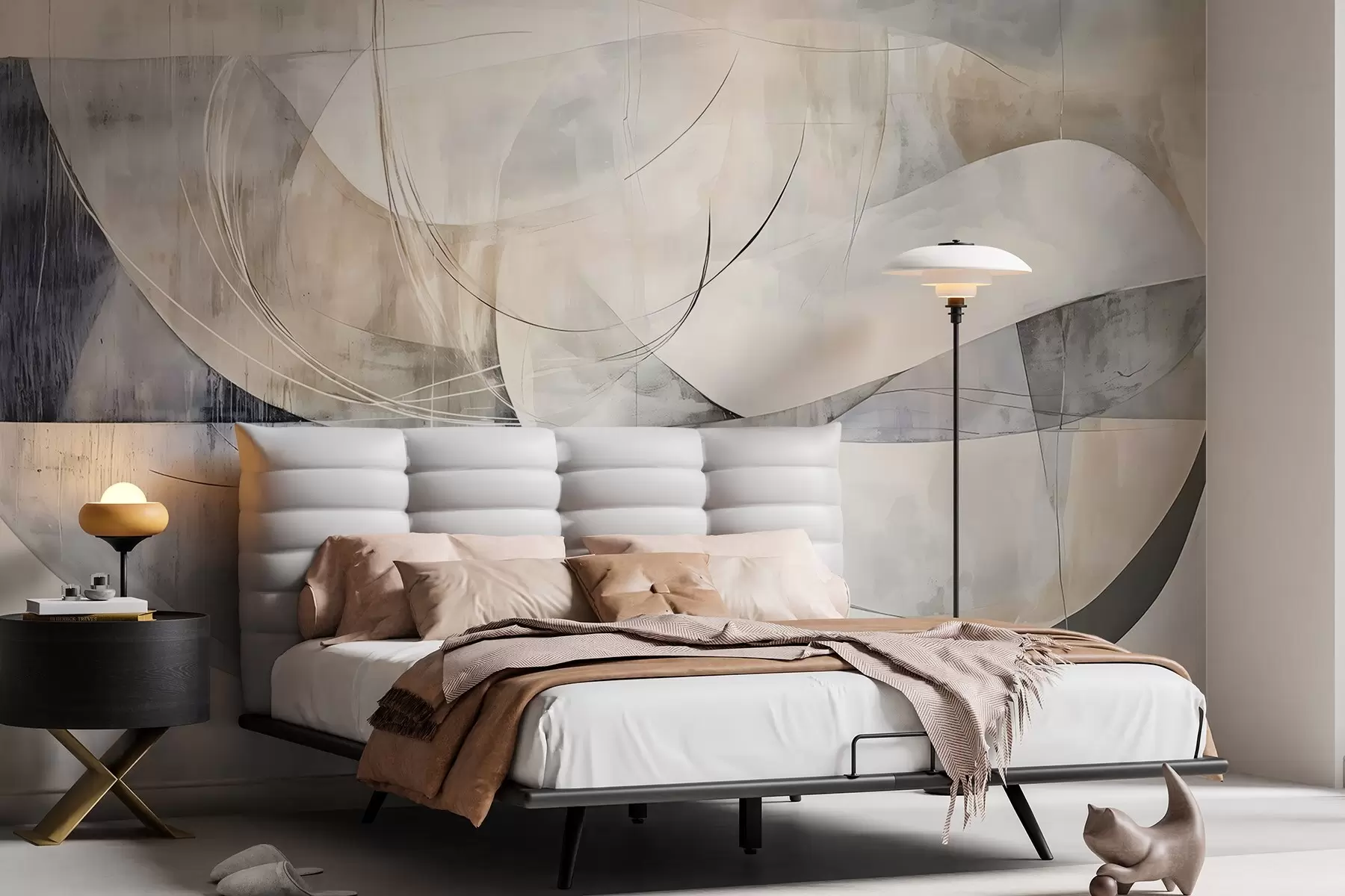 Papier peint Formes abstraites dans des tons de blanc, gris, beige et bleu sur un fond texturé flou w08461