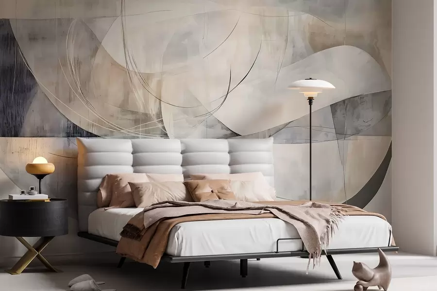 Papier peint Formes abstraites dans des tons de blanc, gris, beige et bleu sur un fond texturé flou w08461