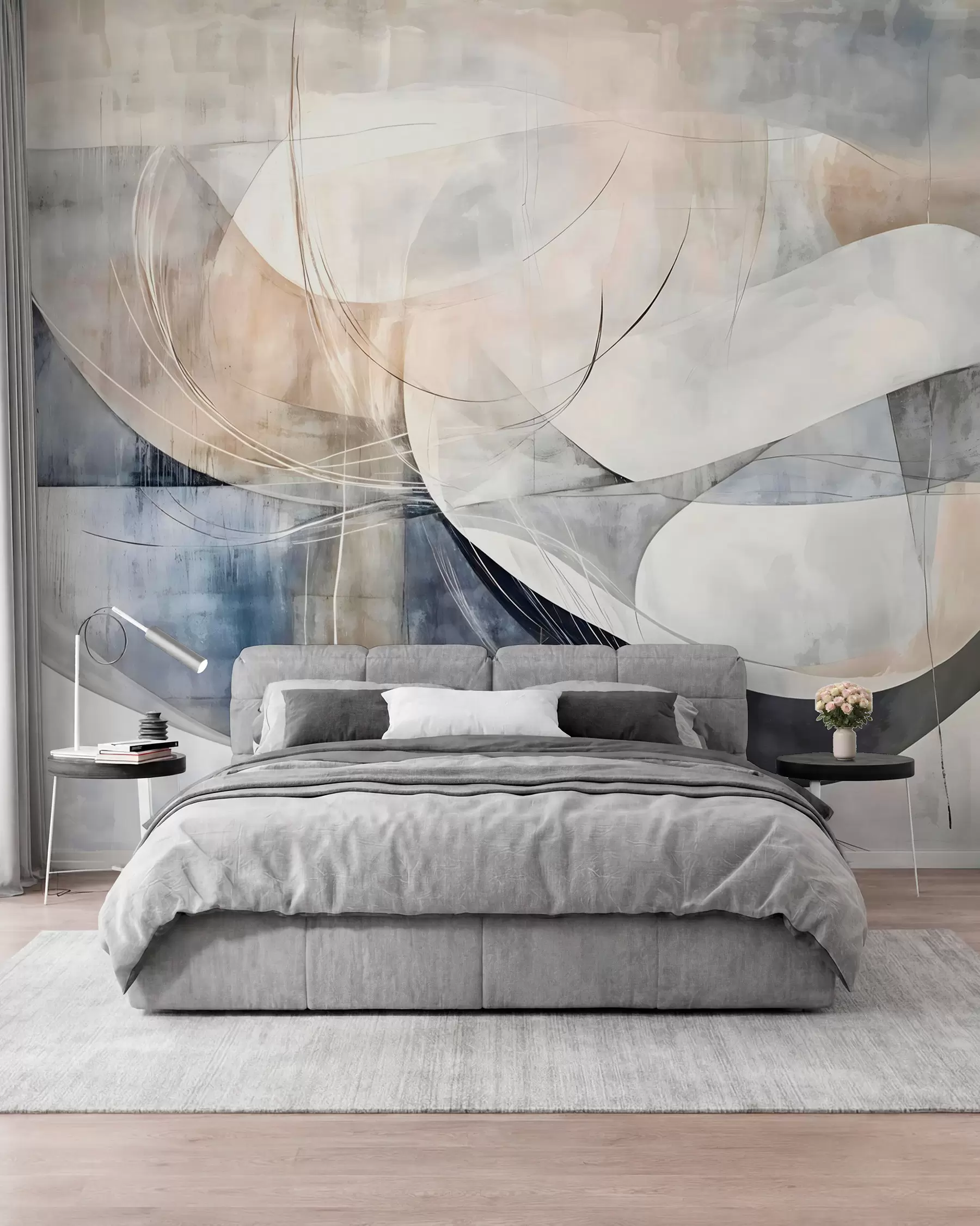 Papier peint Formes abstraites dans des tons de blanc, gris, beige et bleu sur un fond texturé flou w08461