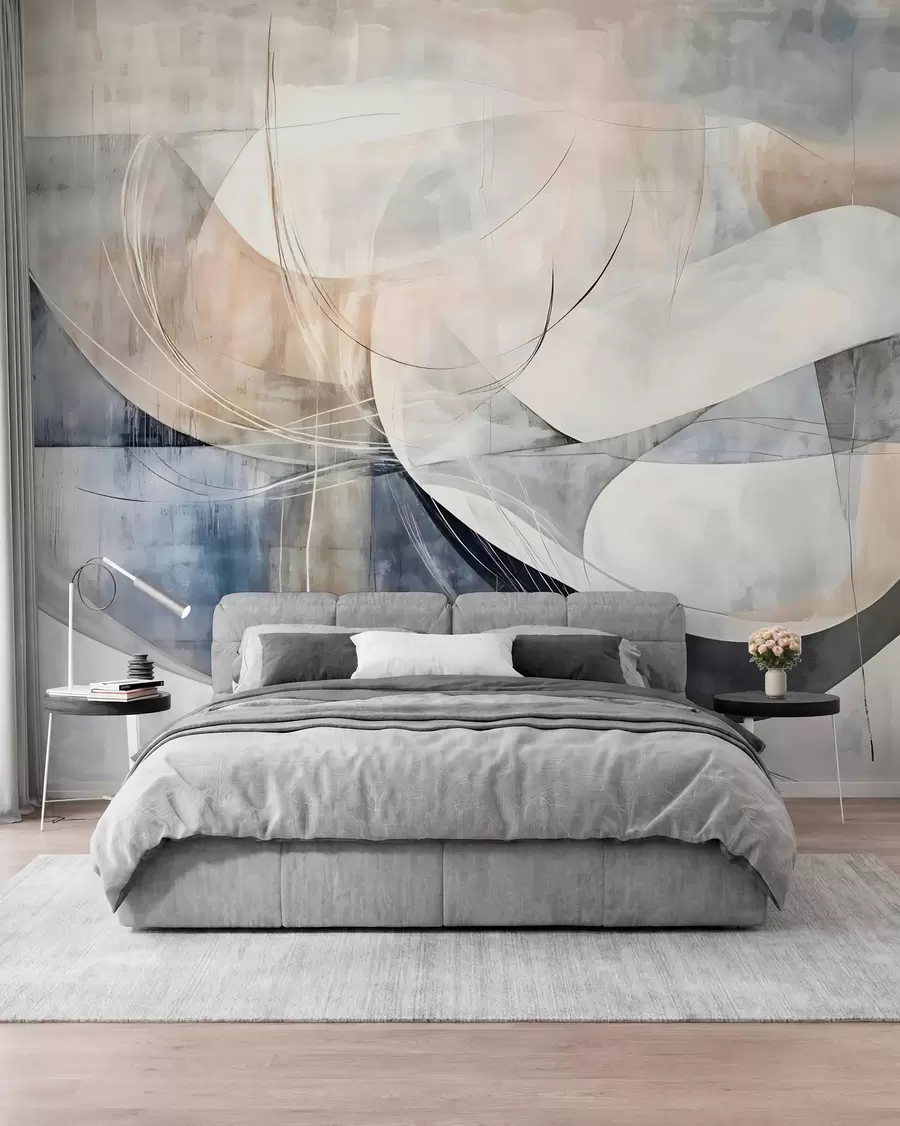 Papier peint Formes abstraites dans des tons de blanc, gris, beige et bleu sur un fond texturé flou w08461