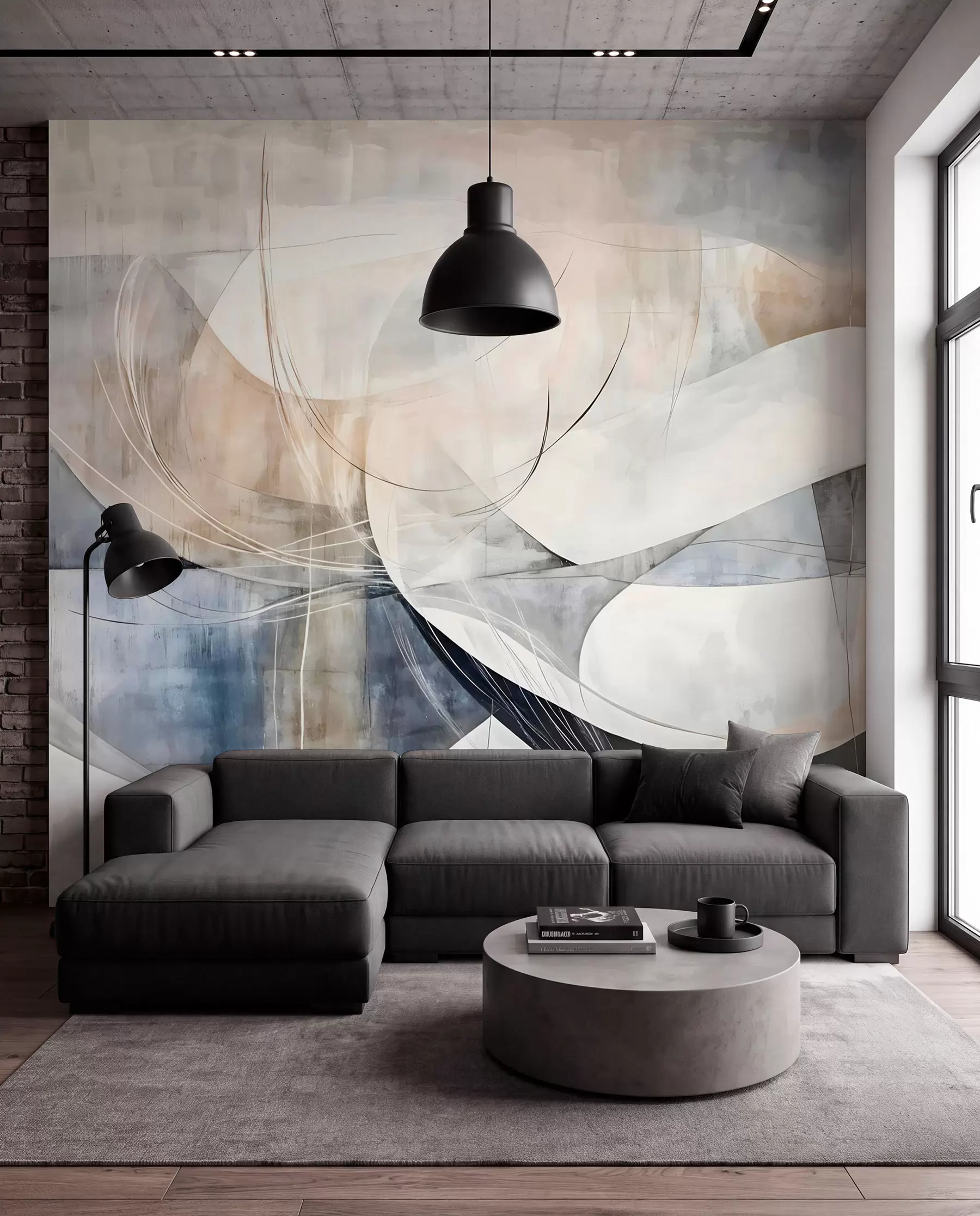 Papier peint Formes abstraites dans des tons de blanc, gris, beige et bleu sur un fond texturé flou w08461