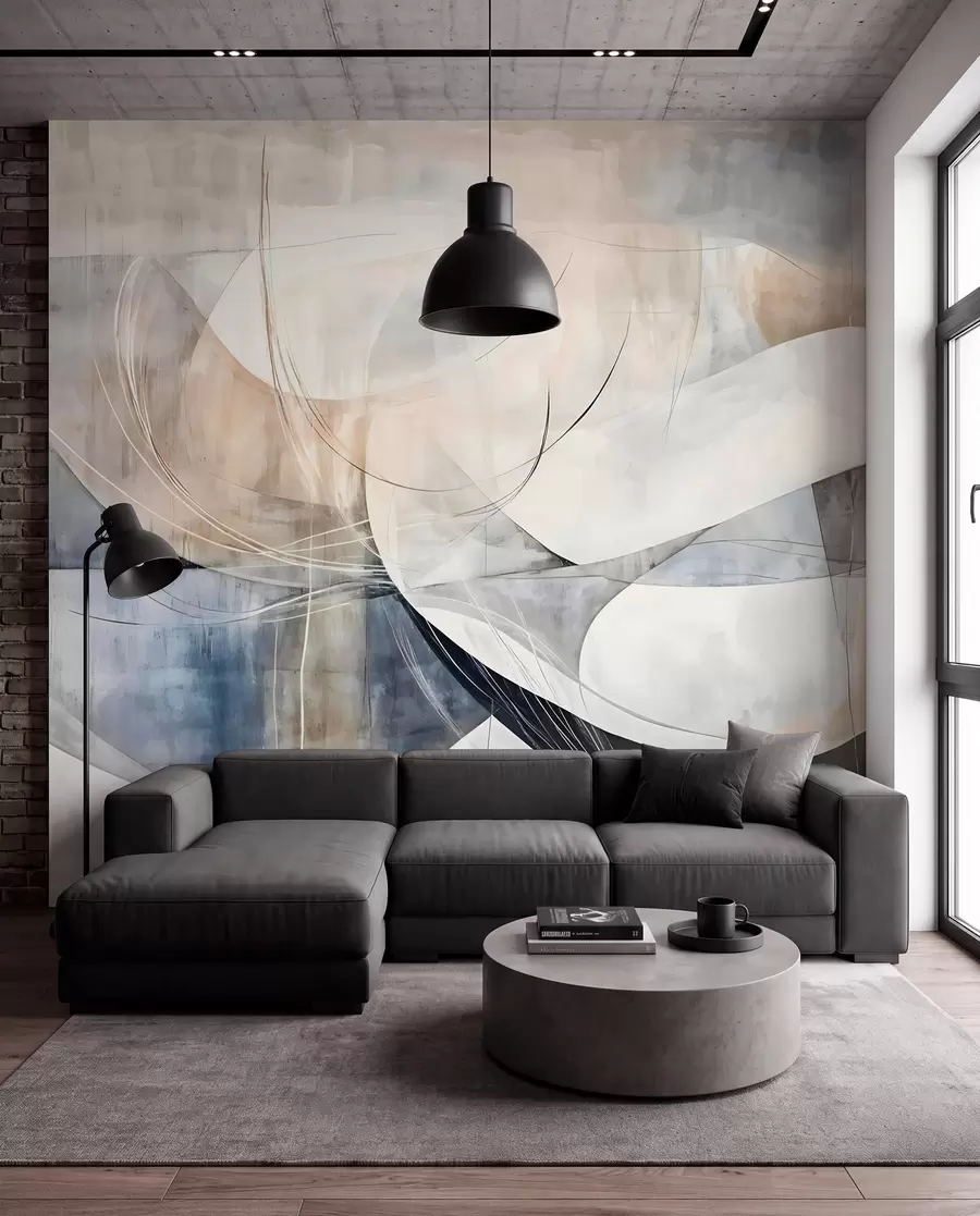 Papier peint Formes abstraites dans des tons de blanc, gris, beige et bleu sur un fond texturé flou w08461