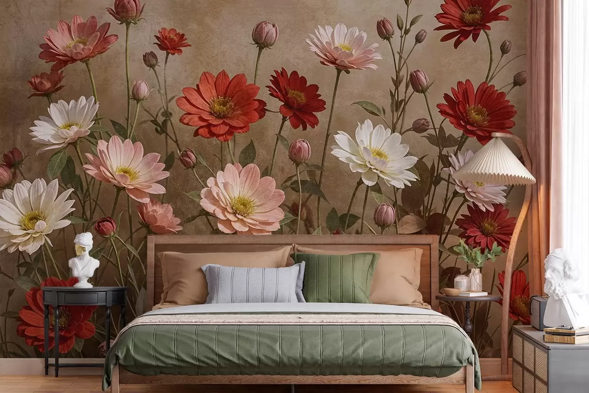 Papier peint Un champ de fleurs colorées ressemblant à des marguerites dans différentes nuances de rose, de rouge et de blanc sur un fond texturé w08462