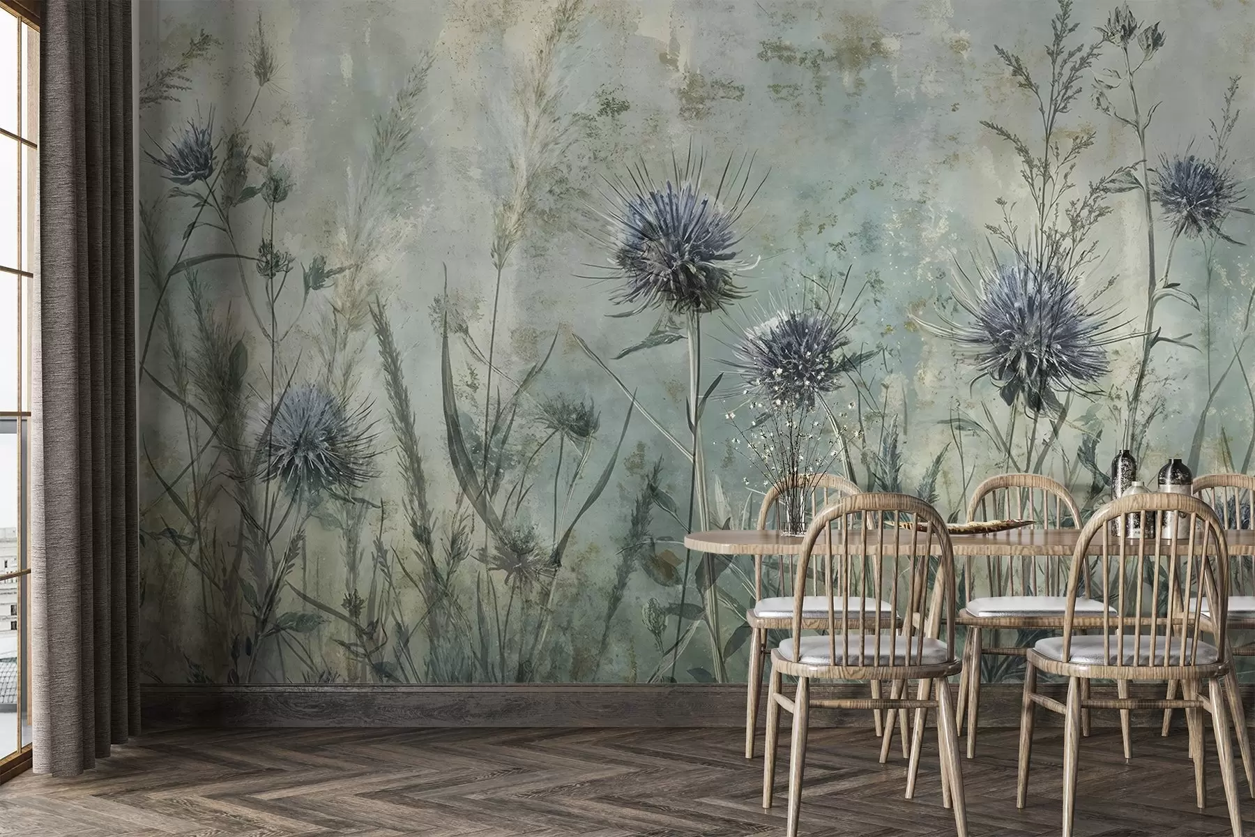 Papier peint Un champ de fleurs de chardons violets avec des fleurs et du feuillage flous sur un arrière-plan texturé vintage w08463