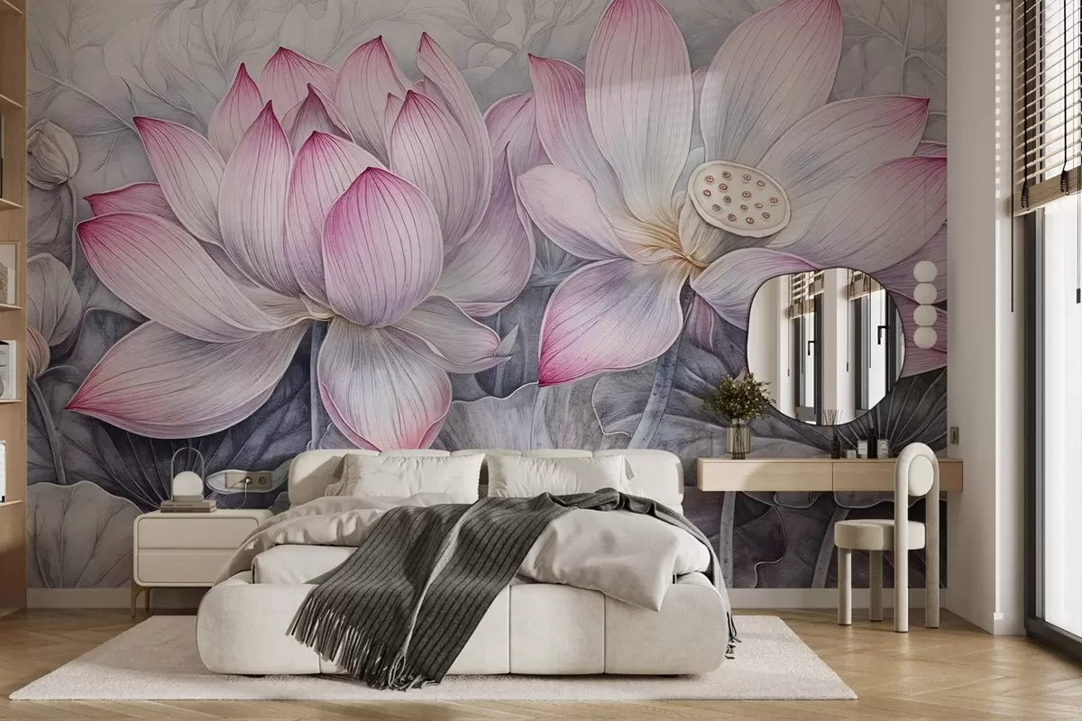 Papier peint Plusieurs grandes fleurs de lotus roses texturées et détaillées avec des feuilles et des tiges gris-vert sur un fond clair w08465
