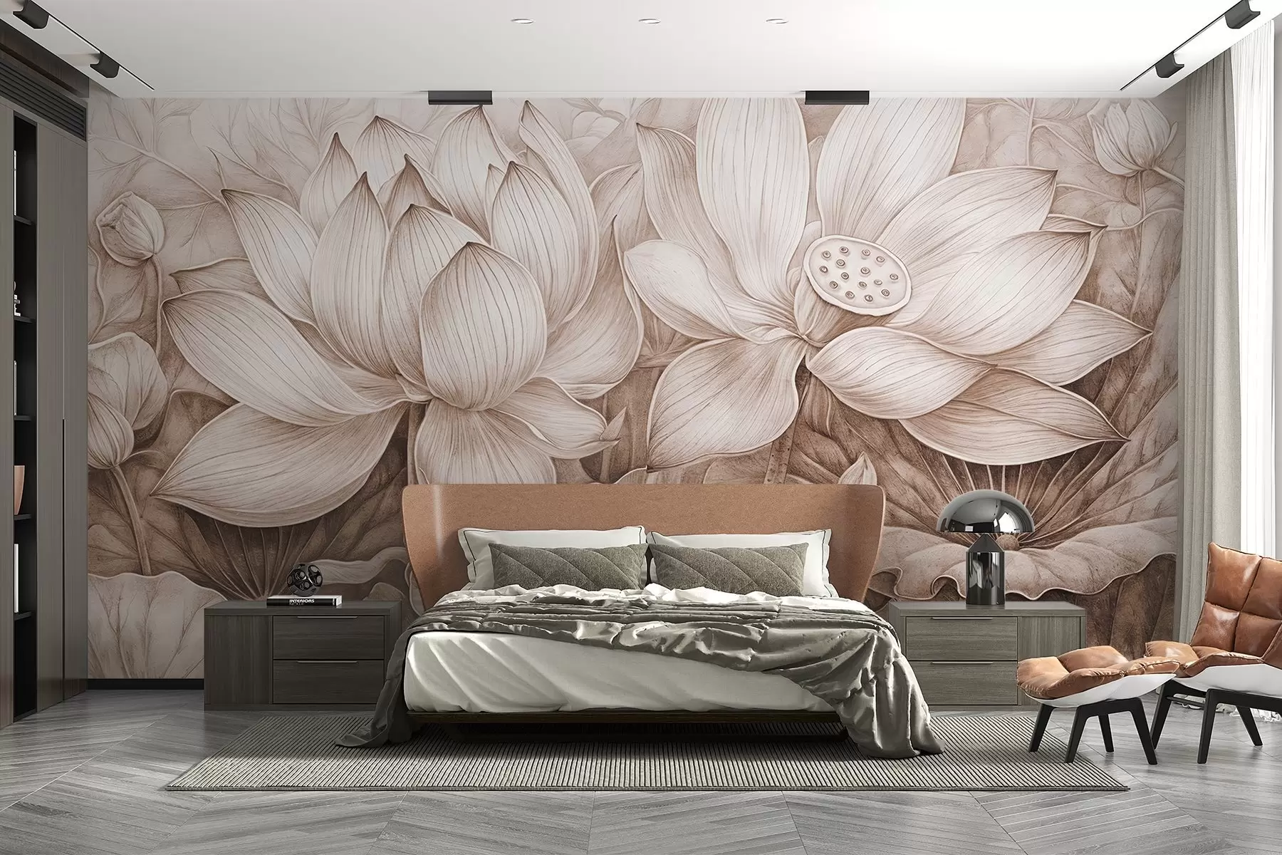 Papier peint Plusieurs grandes fleurs de lotus beiges texturées et détaillées avec des feuilles et des tiges brunes sur un fond clair w08465v1