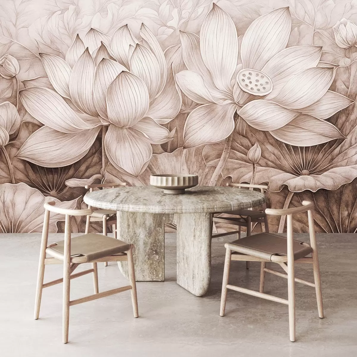 Papier peint Plusieurs grandes fleurs de lotus beiges texturées et détaillées avec des feuilles et des tiges brunes sur un fond clair w08465v1