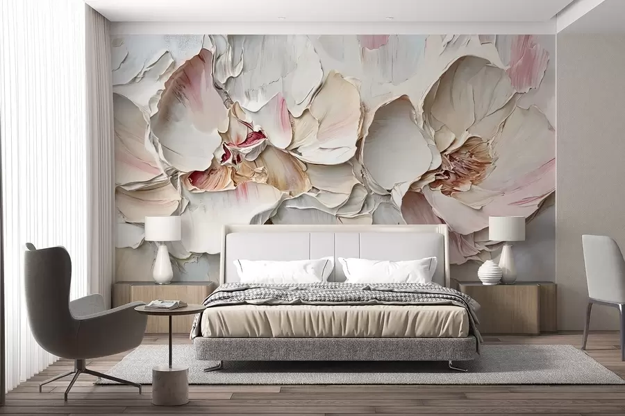 Papier peint Délicates fleurs rose pâle aux pétales doux et superposés sur un fond texturé et atténué imitation peinture à l'huile impasto w08467