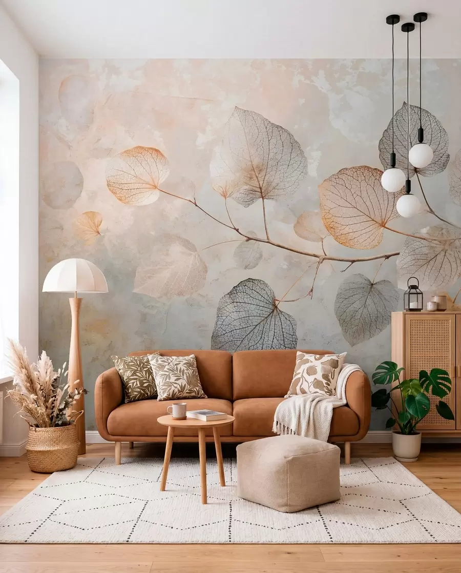 Papier peint Feuilles délicates aux nervures complexes et aux couleurs douces et sourdes sur un fond texturé pâle w08469