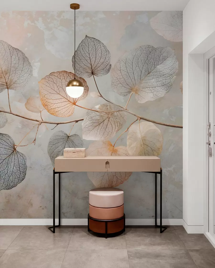 Papier peint Feuilles délicates aux nervures complexes et aux couleurs douces et sourdes sur un fond texturé pâle w08469