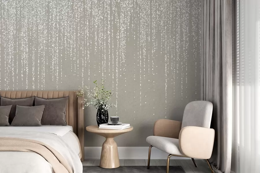 Papier peint Une impression verticale élégante de guirlandes en pointillés sur un fond texturé beige, créant une impression de profondeur et de mouvement w08470