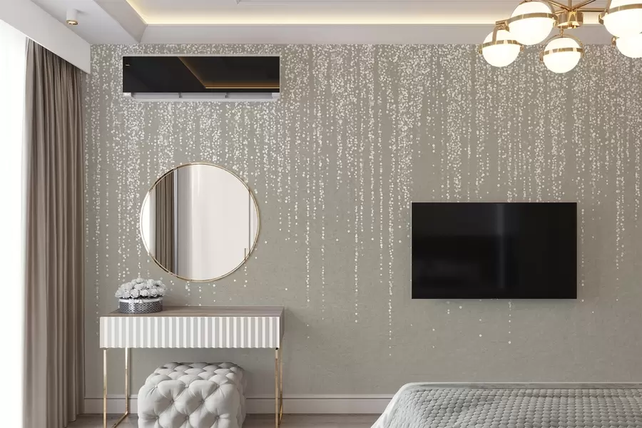 Papier peint Une impression verticale élégante de guirlandes en pointillés sur un fond texturé beige, créant une impression de profondeur et de mouvement w08470
