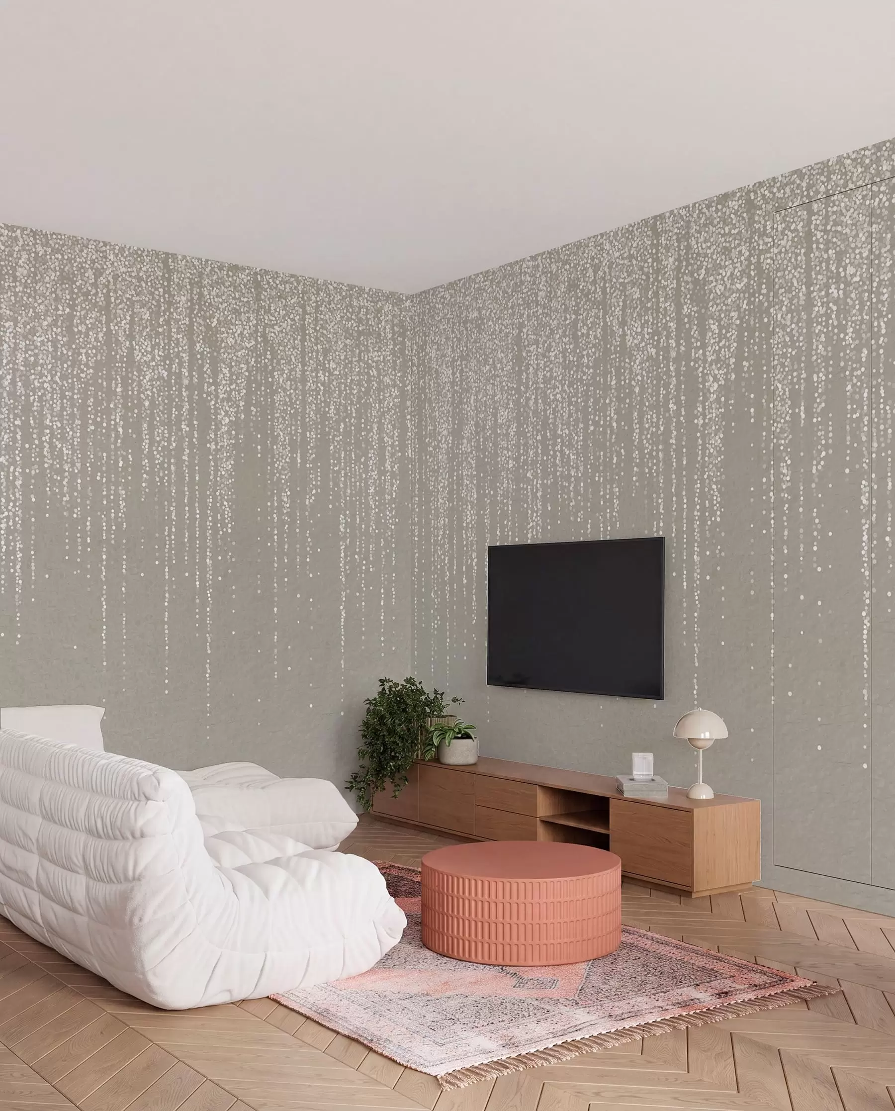 Papier peint Une impression verticale élégante de guirlandes en pointillés sur un fond texturé beige, créant une impression de profondeur et de mouvement w08470