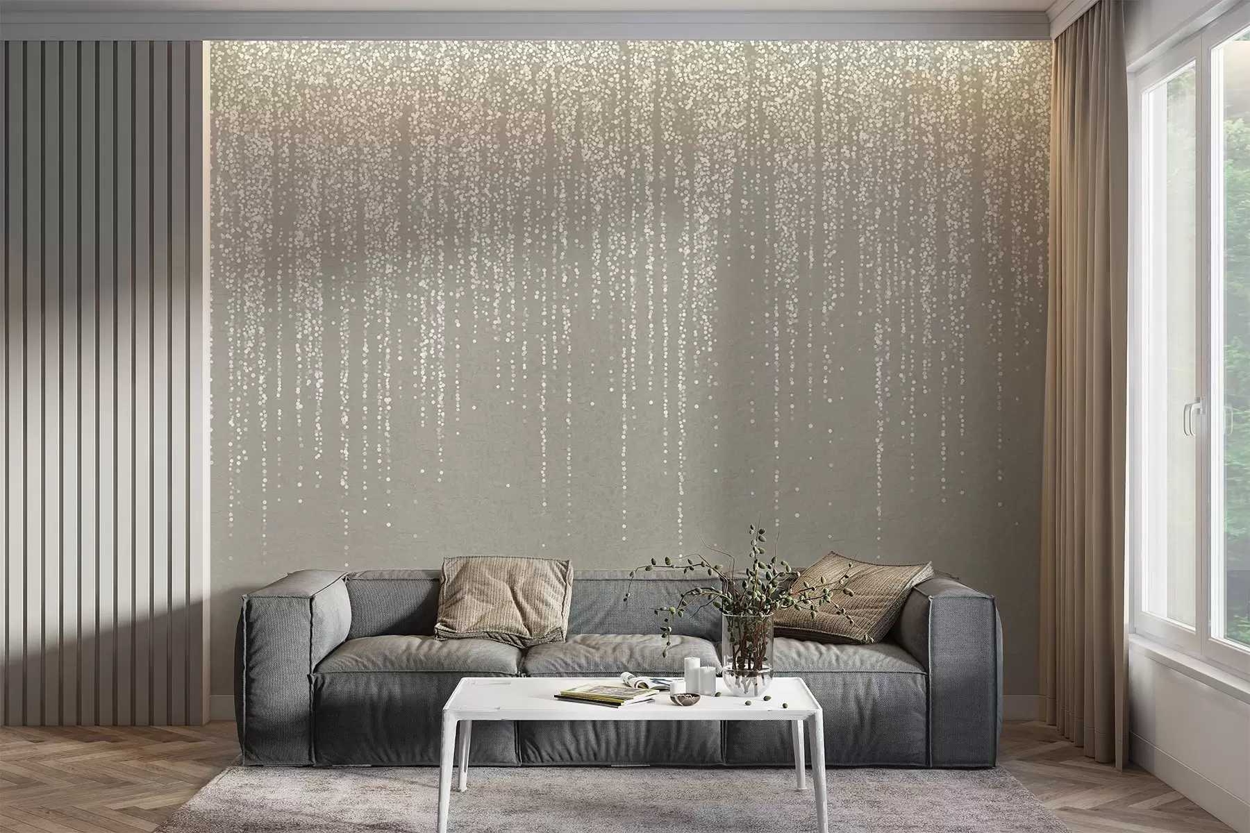 Papier peint Une impression verticale élégante de guirlandes en pointillés sur un fond texturé beige, créant une impression de profondeur et de mouvement w08470