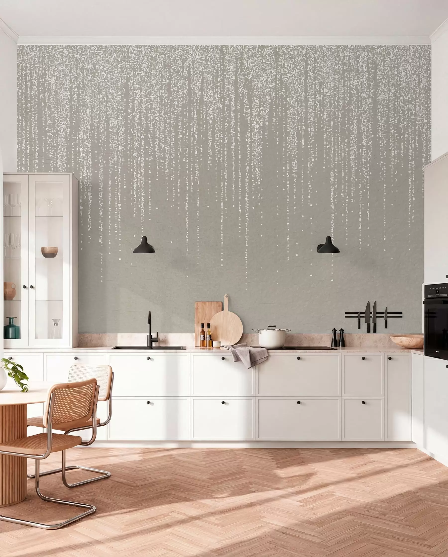 Papier peint Une impression verticale élégante de guirlandes en pointillés sur un fond texturé beige, créant une impression de profondeur et de mouvement w08470